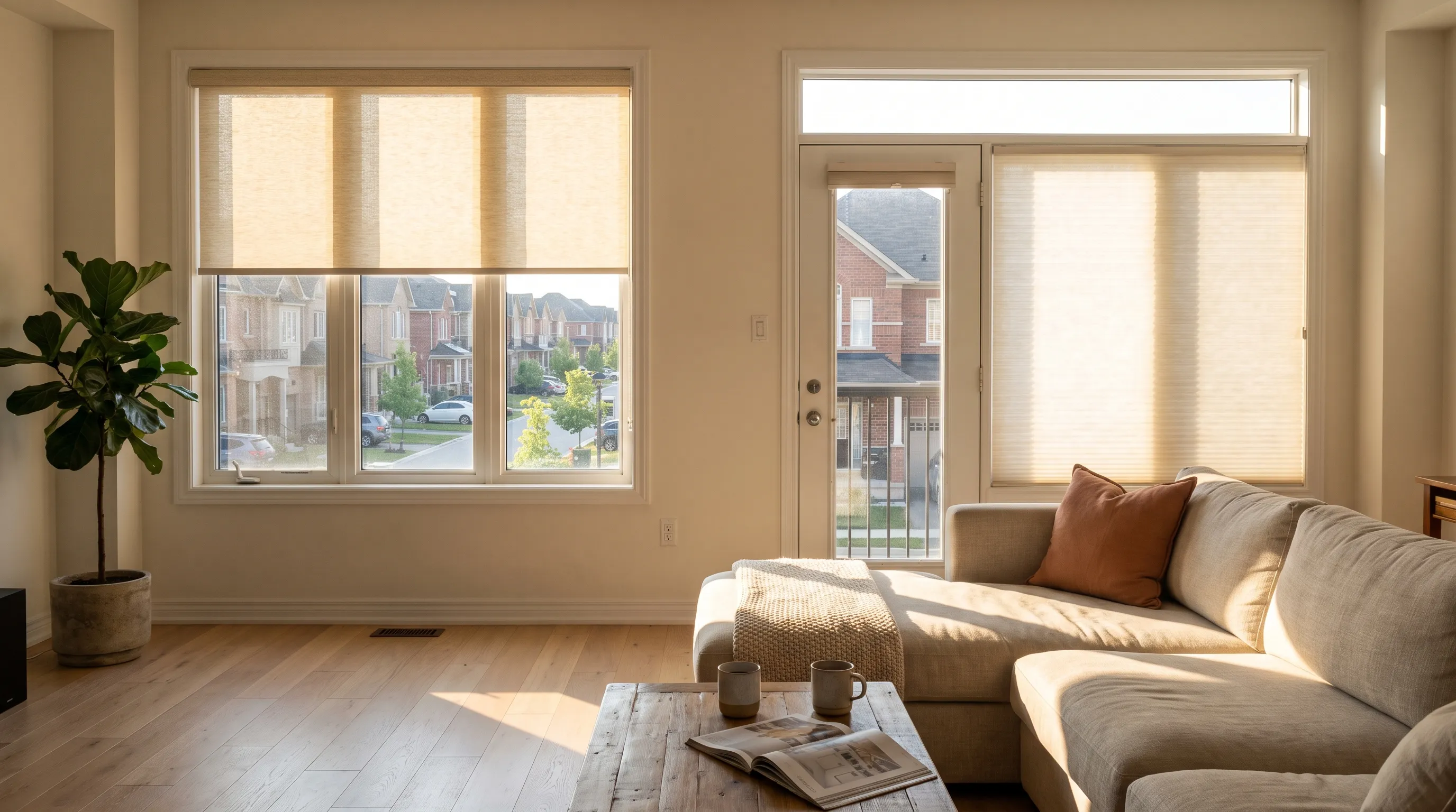 A bright Brampton family room, a wide square window with a shallow drywall return carrying a cream roller blind lowered halfway and a narrow garden-door window with a warm-white cellular shade, a close-set street of brick and stucco houses outside