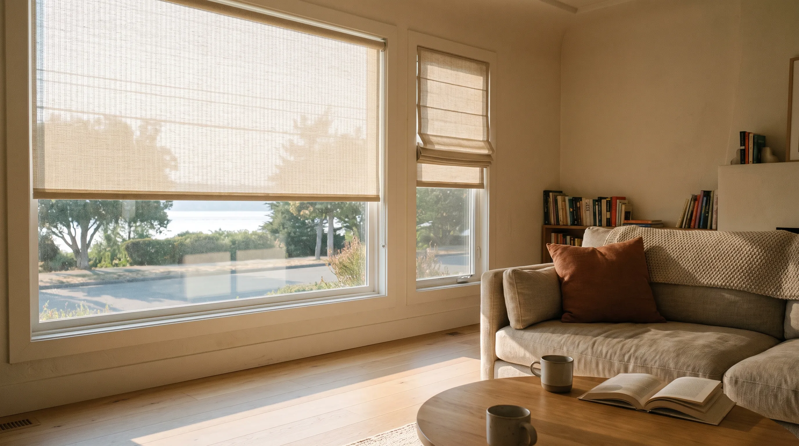 A bright Burlington living room, a wide window carrying a cream screen roller blind lowered halfway so the view stays readable through the weave and a narrower window with an oatmeal roman shade raised into folds, mature trees and a bright band of lake water beyond