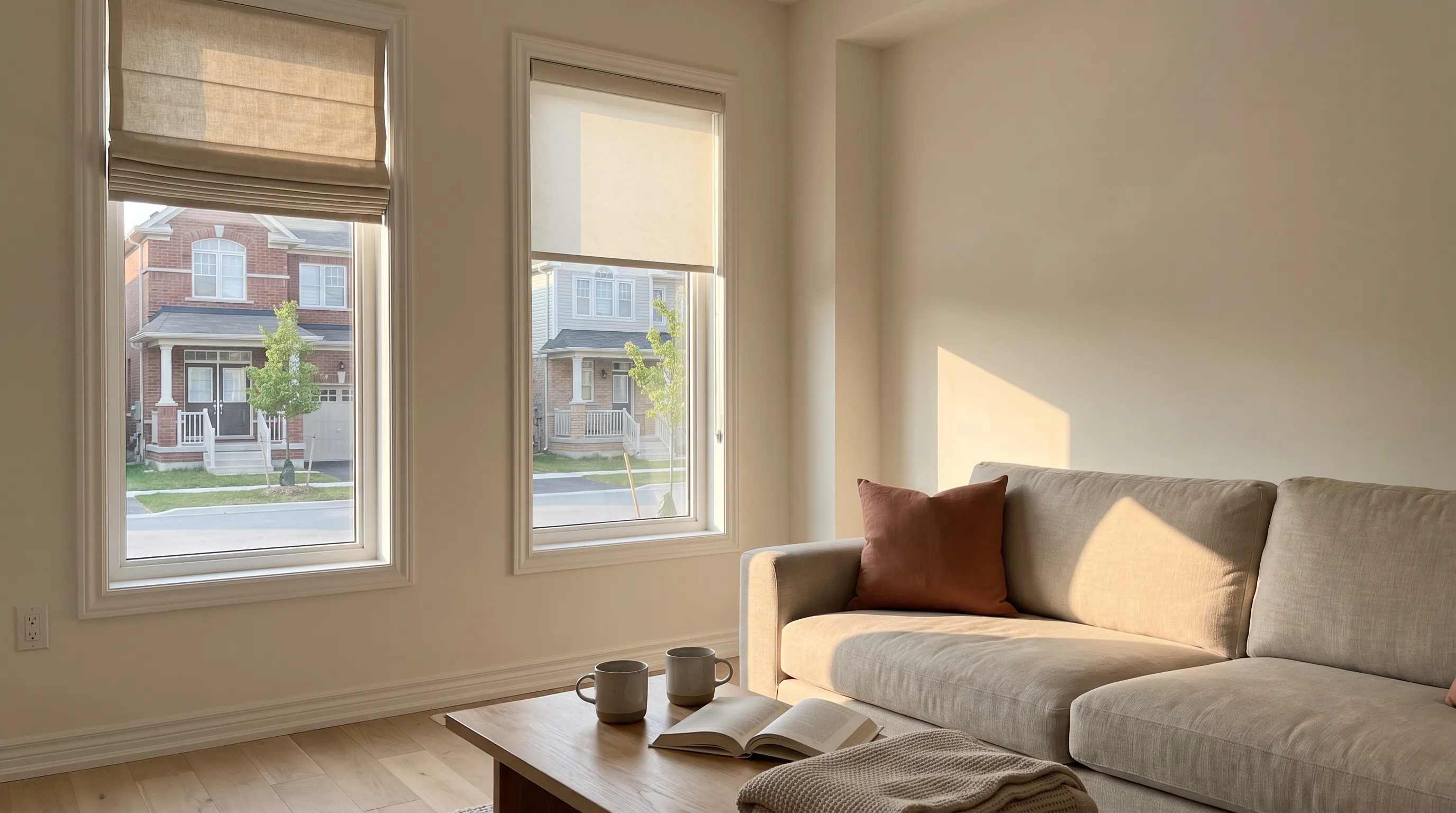 A bright Markham front room, a tall window carrying an oatmeal roman shade raised into neat stacked folds beside a second window with a cream roller blind lowered two thirds, a street of porched houses in brick and pale siding outside