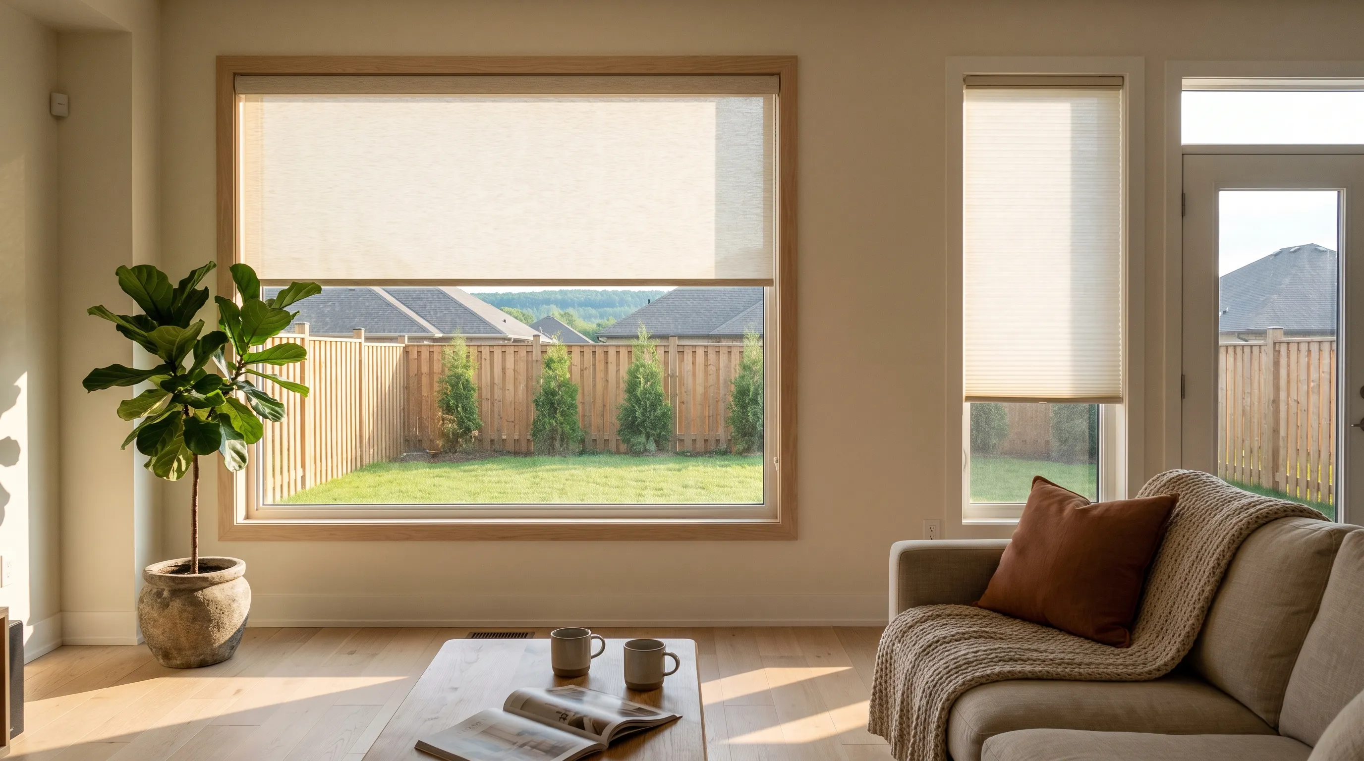 A bright Milton family room, a wide square window with a shallow drywall return carrying a cream roller blind lowered two thirds and a narrow garden-door window with a warm-white cellular shade, new sod, young cedars and the green ridge of the escarpment outside