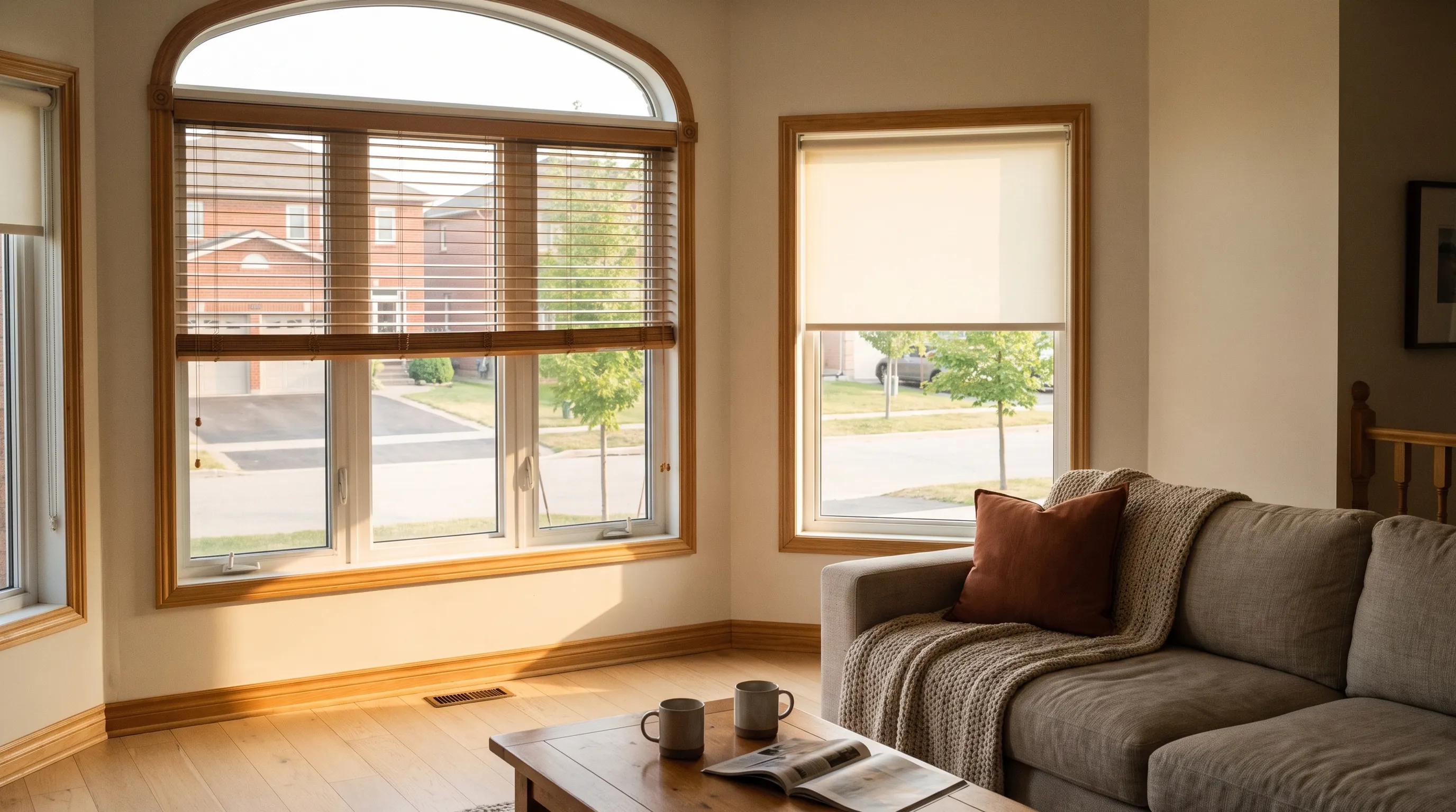 A bright Mississauga family room, a tall arch-topped window with a wooden venetian blind fitted under the arch and the arch itself left clear, a square window beside it carrying a cream roller blind lowered two thirds, and a street of brick houses with wide driveways and young maples beyond
