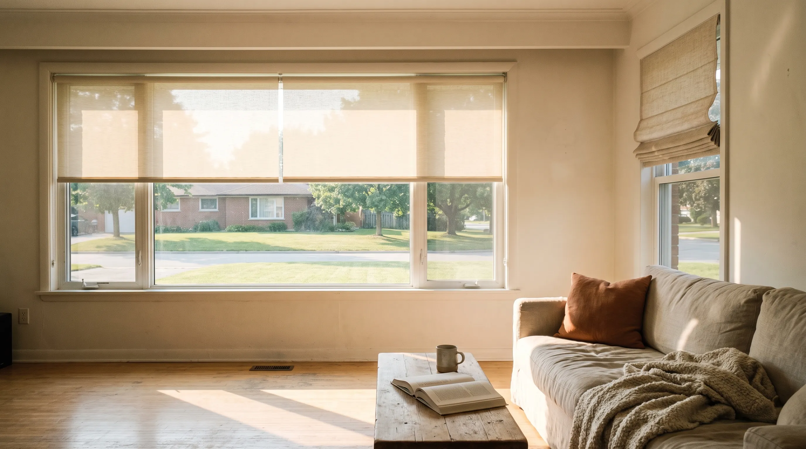 A bright North York sidesplit living room, a long low horizontal window carrying three cream roller blinds all stopped at exactly the same height and a window on the return wall with an oatmeal roman shade raised into stacked folds, a wide lawn, a low brick house opposite and tall mature trees outside
