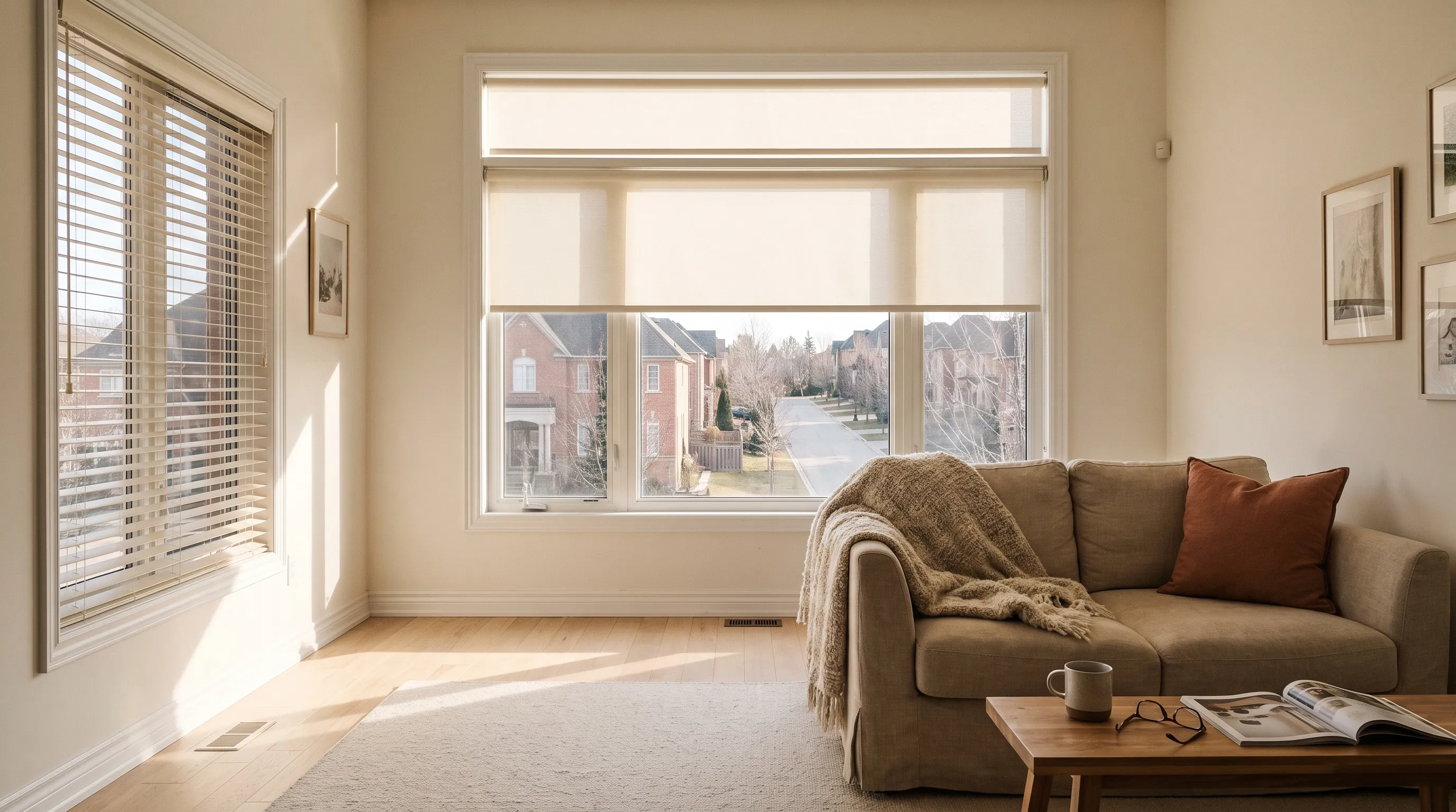 A bright Richmond Hill living room, a tall window with a cream roller blind on the main pane and a matching smaller blind on the transom above it, a side window with a warm-white venetian blind tilted open, and a street falling away downhill beyond