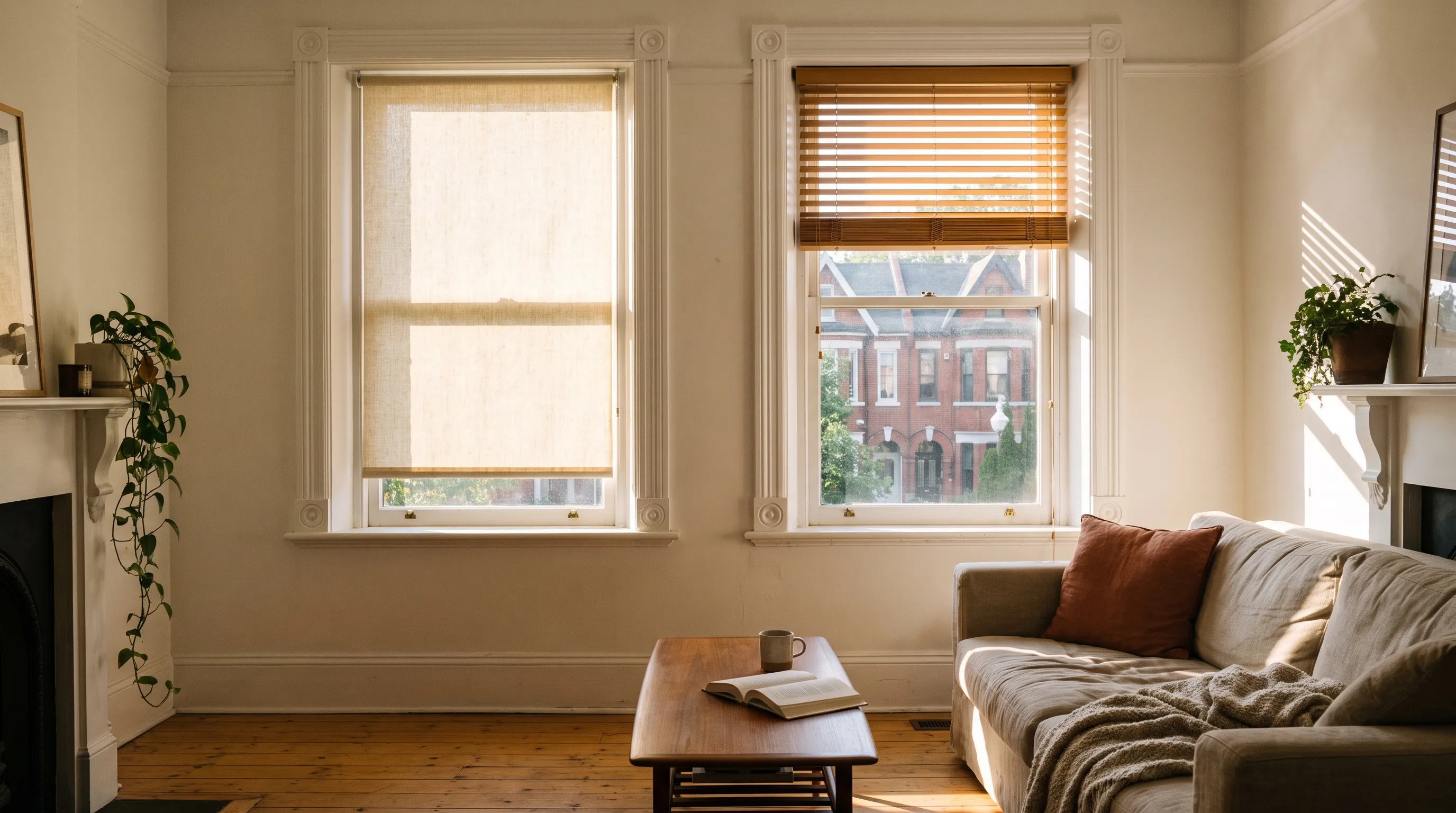 A bright front room in a Toronto Victorian semi, two tall sash windows in deep painted reveals — a cream roller blind lowered two thirds on the left and honey-stained wooden venetian blinds tilted open on the right — with a leafy street of red-brick bay-and-gable houses through the clear glass