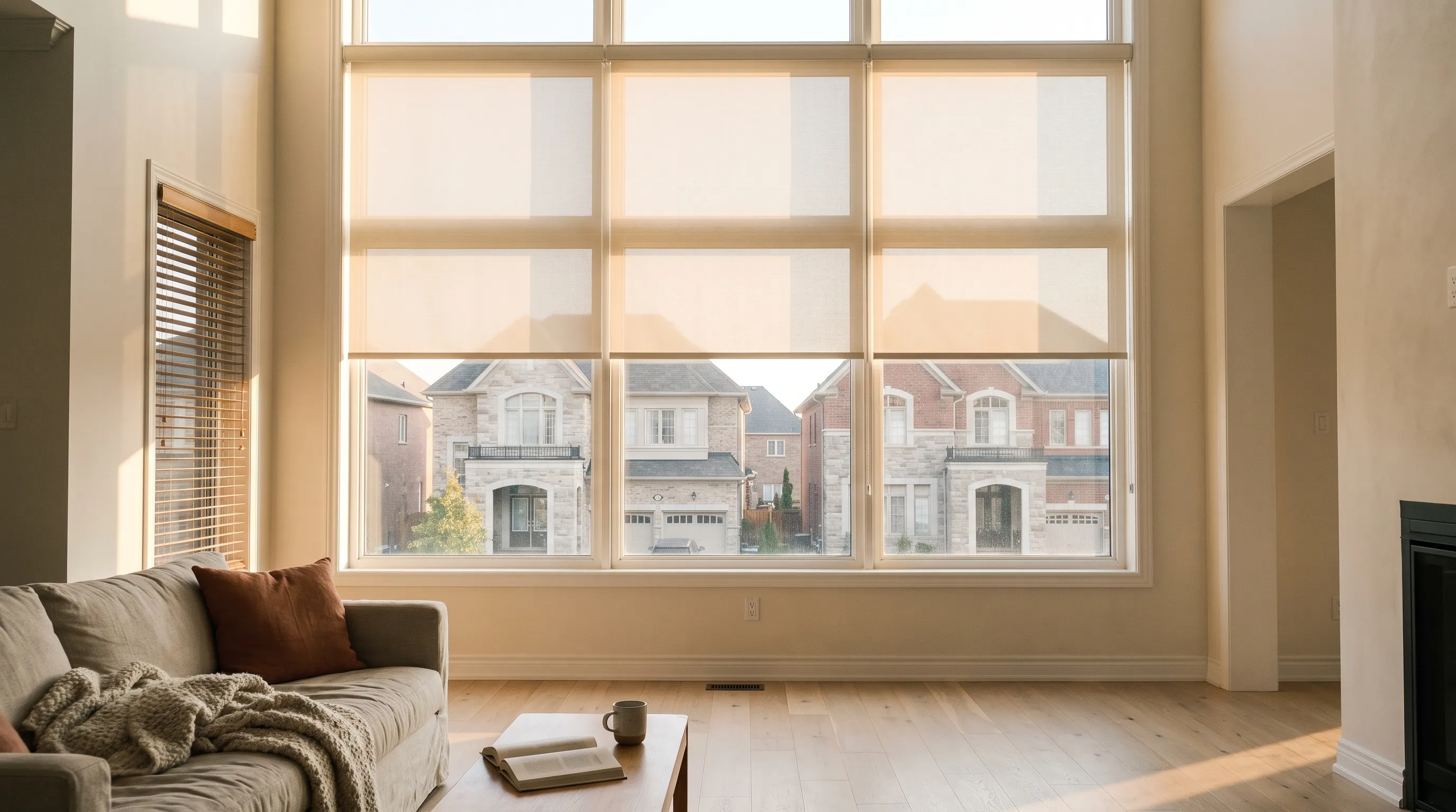 A bright double-height Vaughan family room, three matching cream screen roller blinds stopped at exactly the same height across the upper glass of a two-storey window with the lower glass left clear, and a side window with a wooden venetian blind tilted open