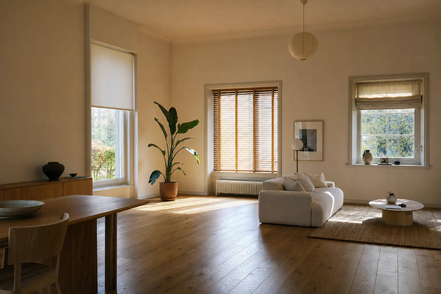 A bright open-plan living room with three different windows, each dressed differently — a roller blind lowered on the left, wooden venetian blinds tilted in the centre, and a roman shade gathered above the right-hand window