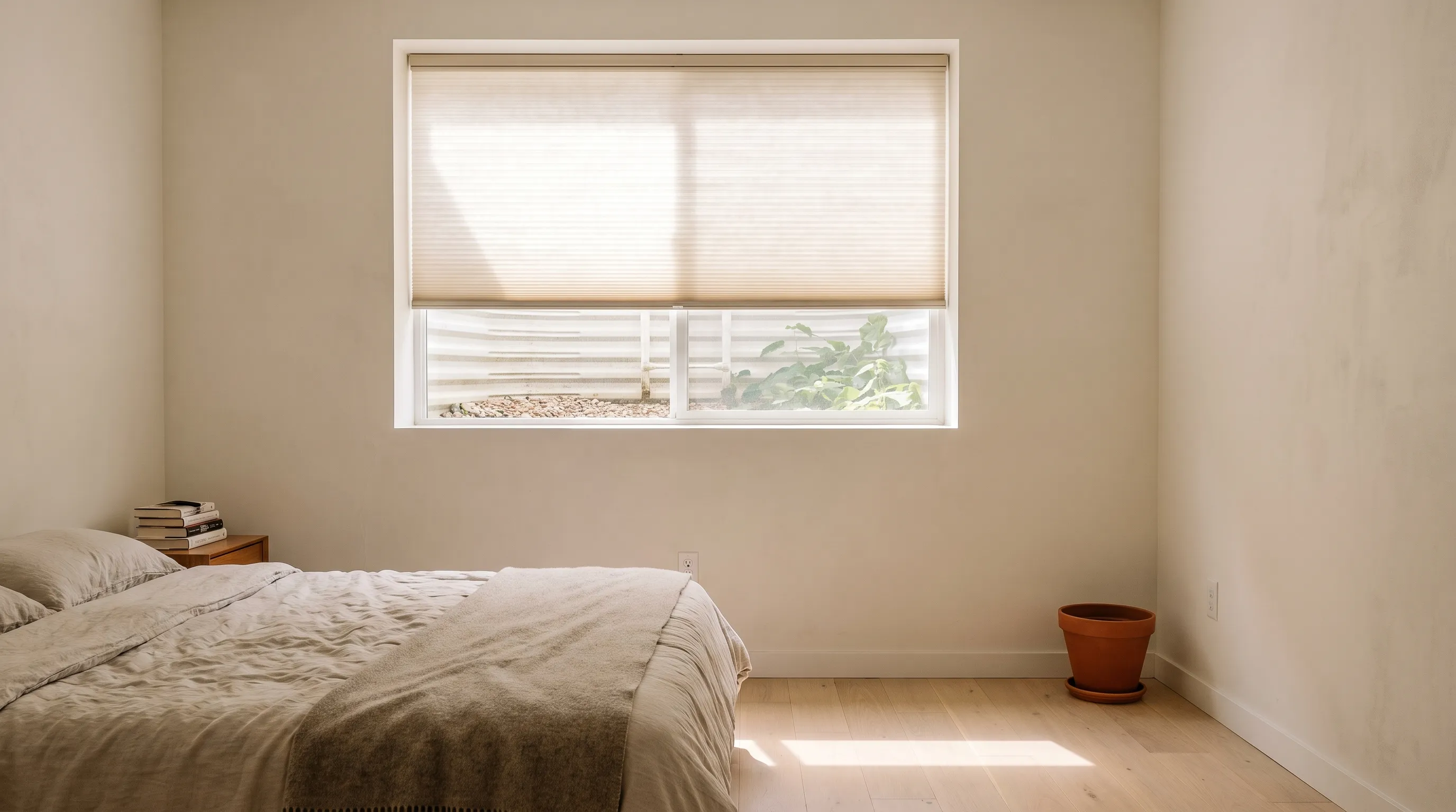 A honeycomb cellular shade lowered halfway over a wide window set high in a basement bedroom wall, the pleated cells lit from behind and a gravel window well with green leaves showing beneath it, above a linen bed