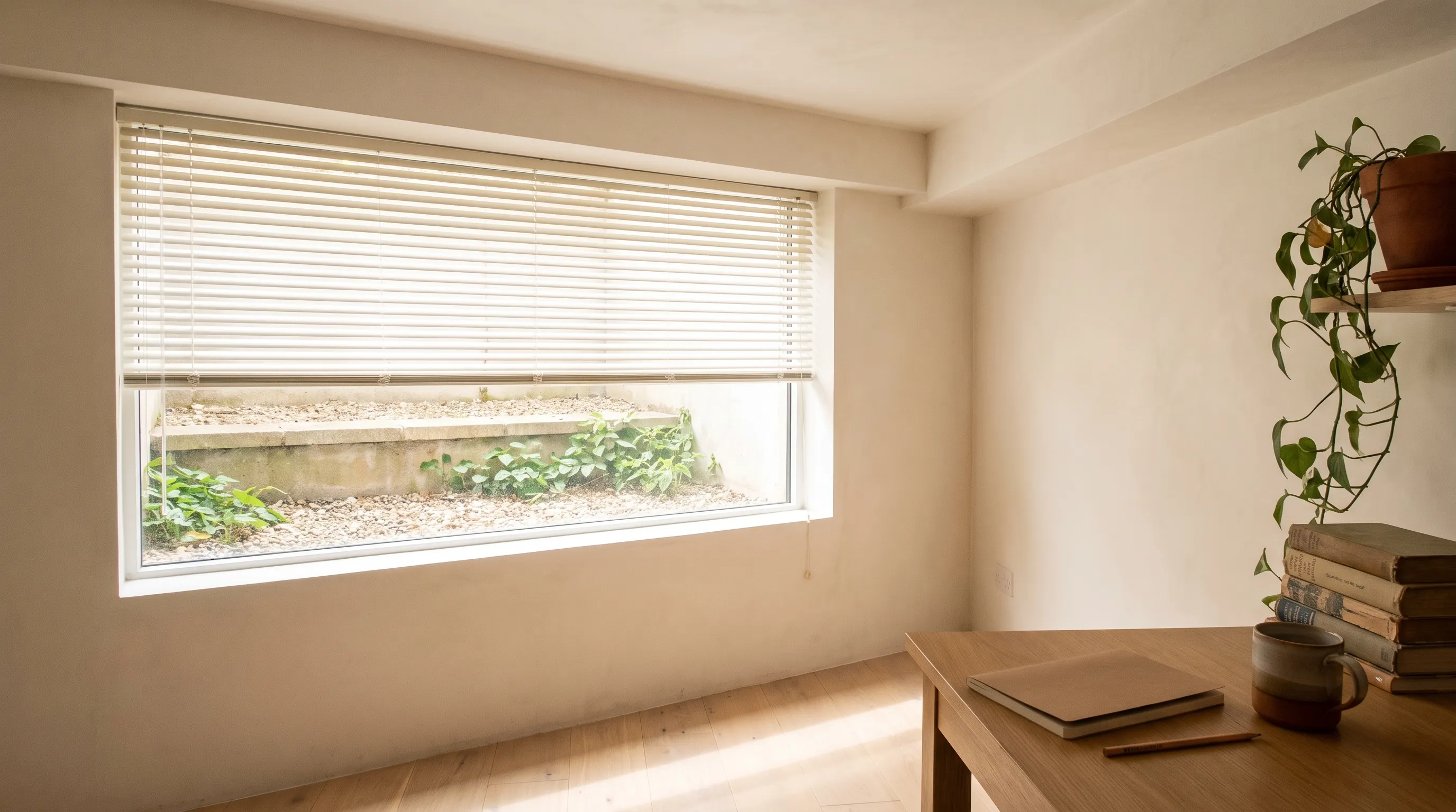 A white aluminium venetian blind on a wide window set high in a basement wall, the slats tilted upward so daylight is thrown at the ceiling and the room is lit without glare, a gravel window well and green leaves at ground level through the glass below, and a wooden desk with a closed notebook and a mug