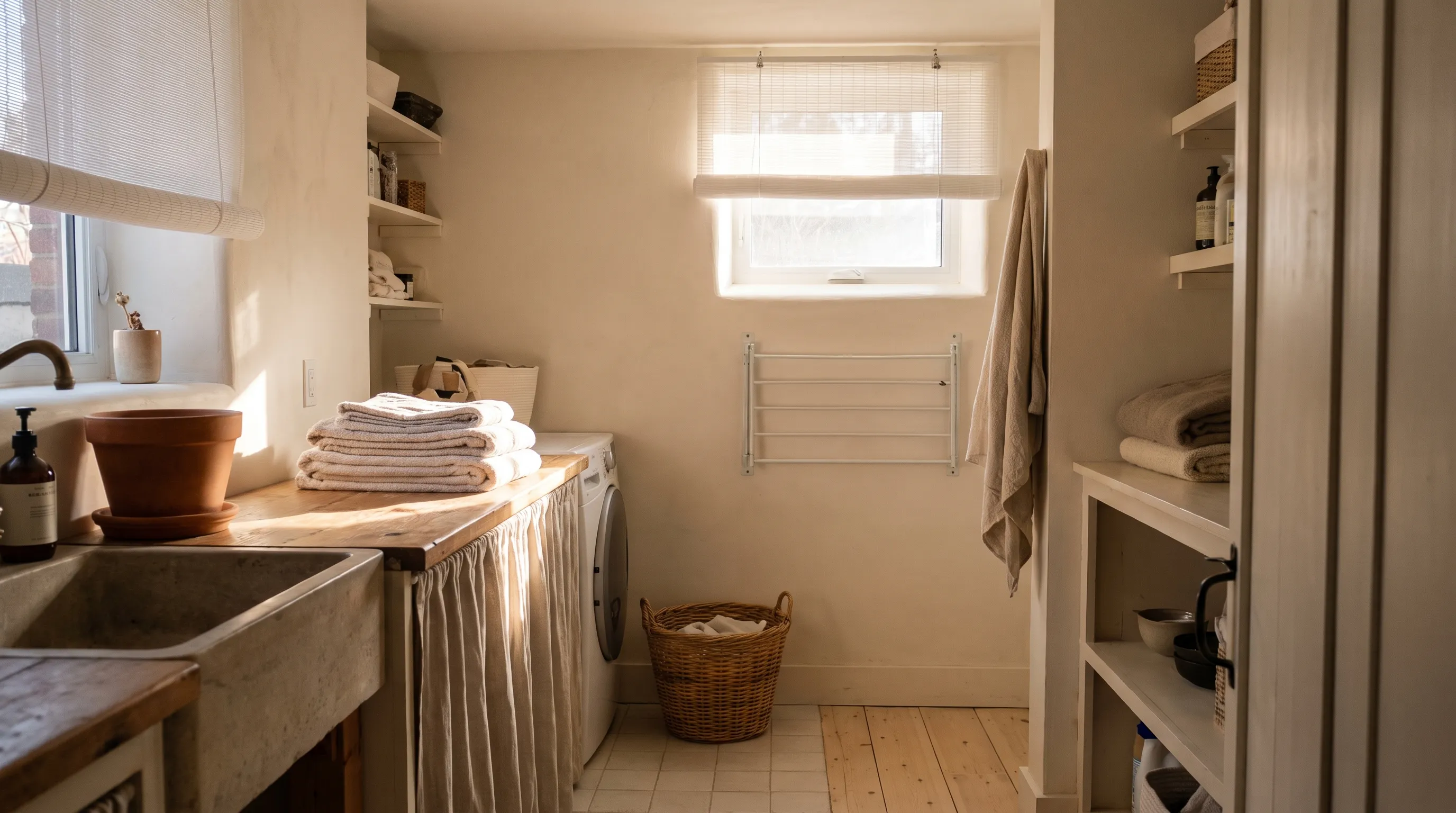 A white roller blind rolled most of the way up a small high window in a basement laundry room, daylight falling across a stone sink, a folded stack of towels and a wicker laundry basket