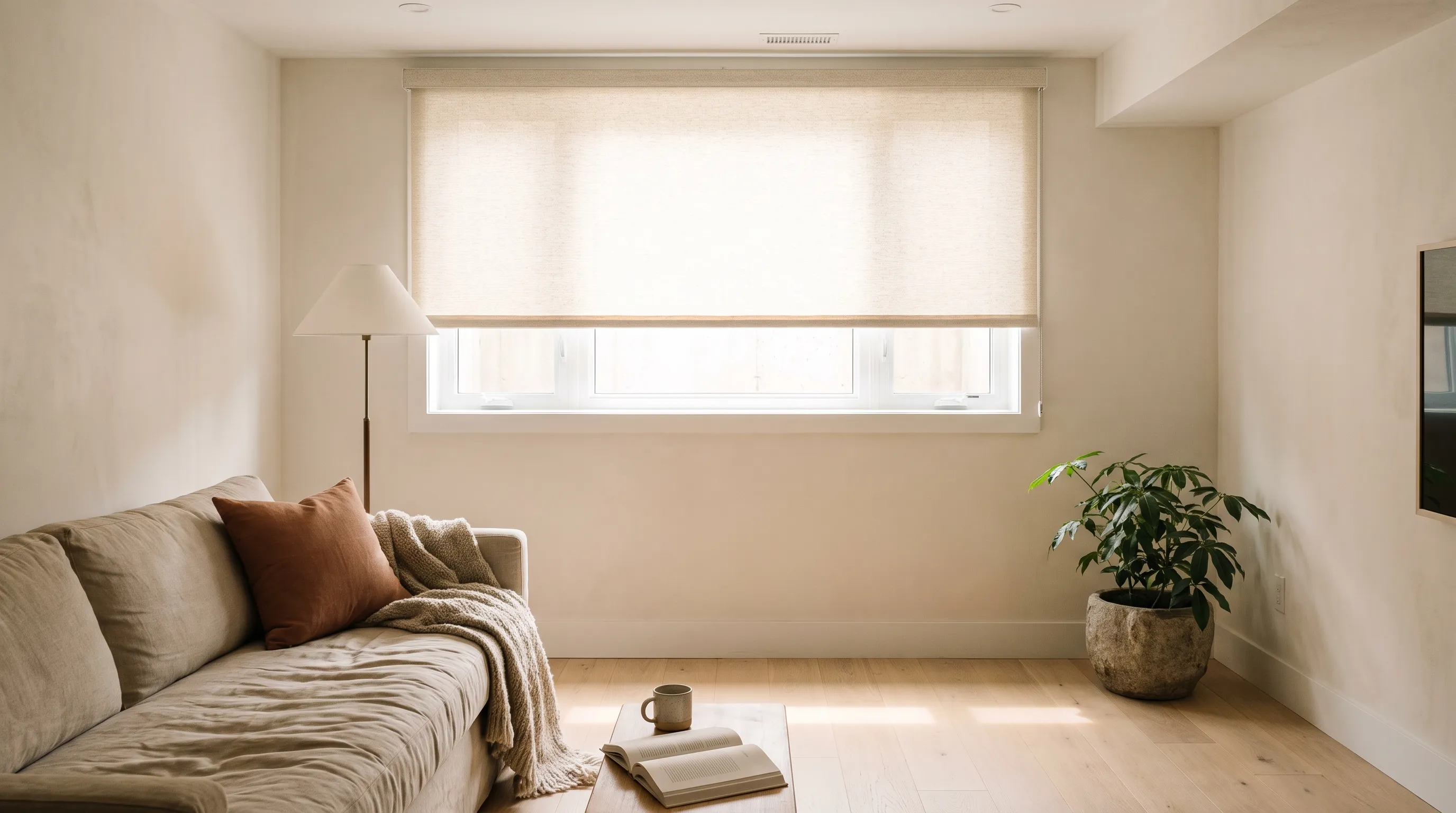 A bright finished basement sitting room, a cream roller blind lowered most of the way over a wide window set high in the wall with daylight pouring in beneath it, a linen sofa with a knit throw and a terracotta cushion, and a large plant in a stone pot
