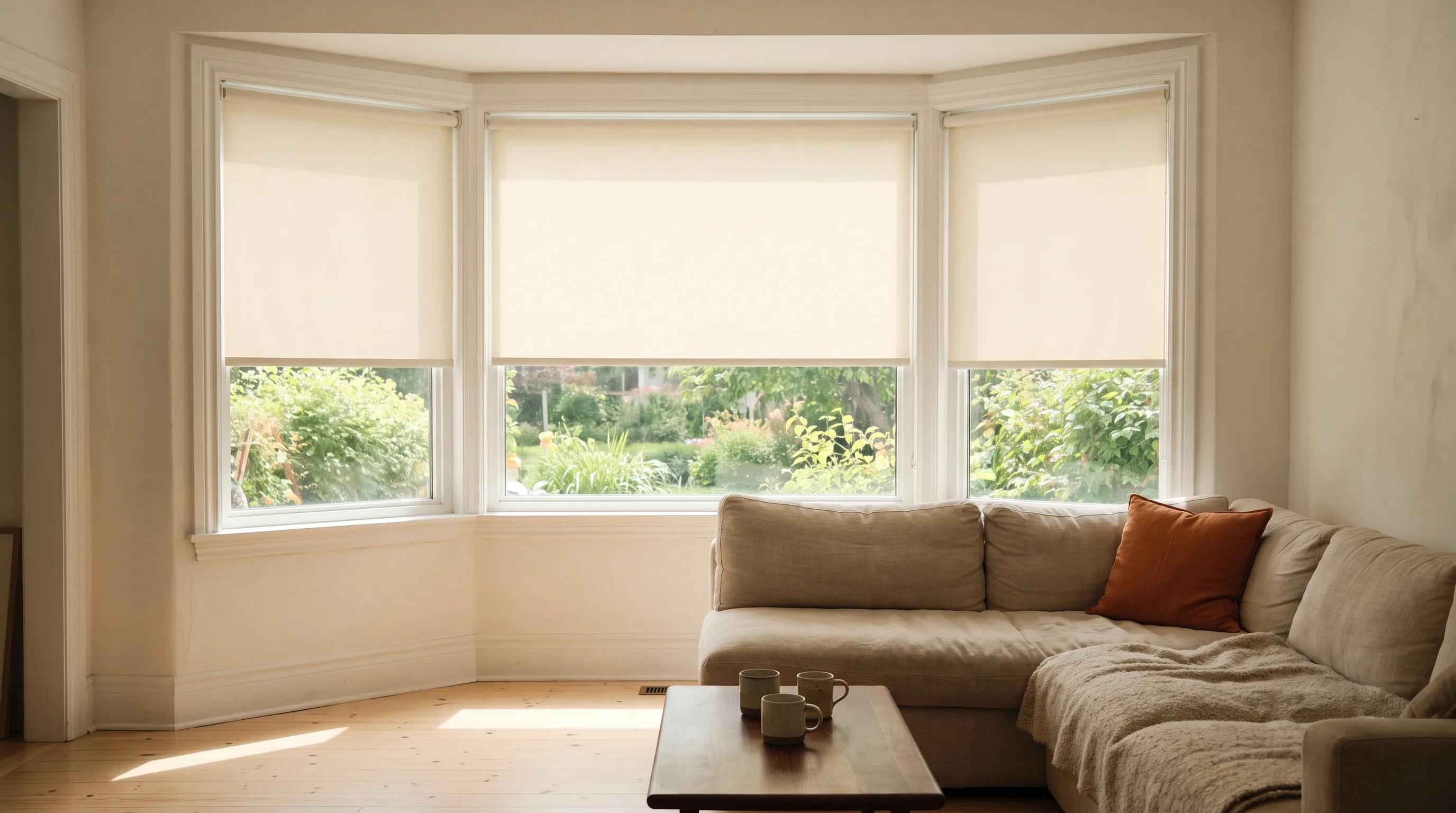 Three cream roller blinds across the three panes of a square bay window, every one stopped at the same height so the line across the bay is level, a garden showing below them and a sofa and two mugs in front