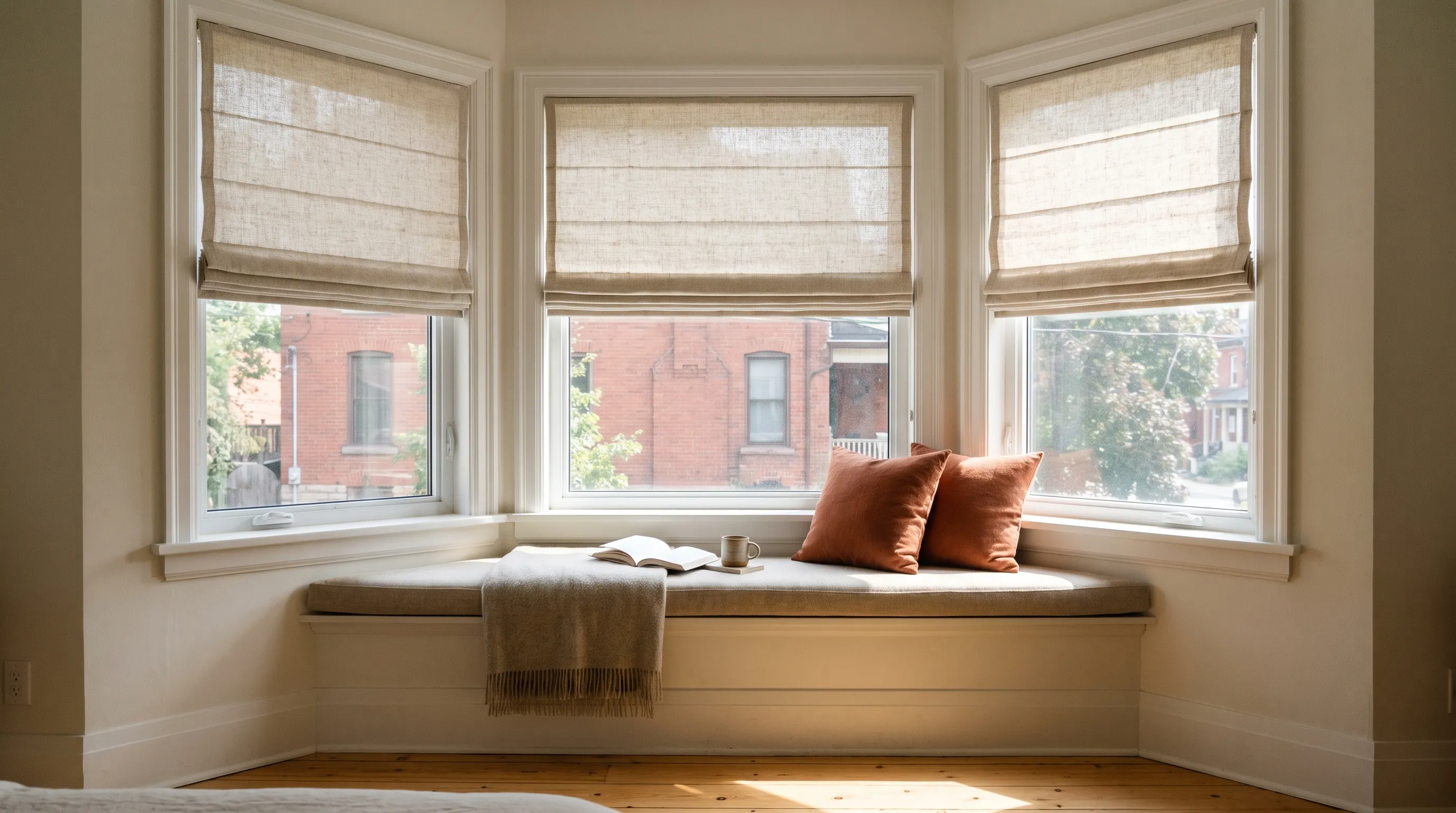 Three oatmeal linen roman shades across the three panes of a bay window, all raised to exactly the same height so their folds stack in one level line, a red-brick street beyond the glass, and a cushioned window seat below with two terracotta cushions, a wool throw, an open book and a mug