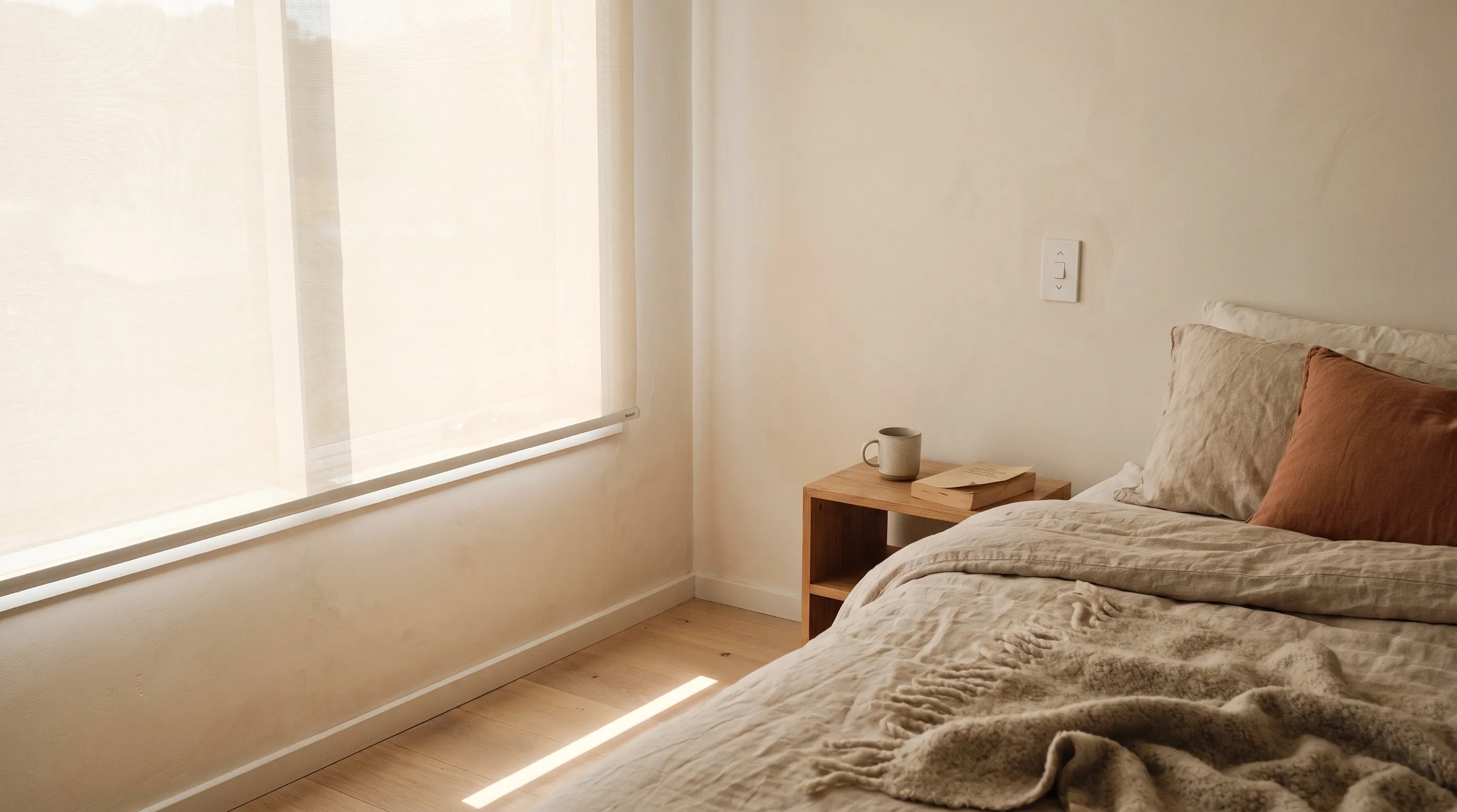 A bedroom seen from beside the pillows, a cream roller blind lowered over the window and a small white wall switch marked with up and down arrows fitted at arm's height beside the bedside table, within reach of somebody sitting up in bed