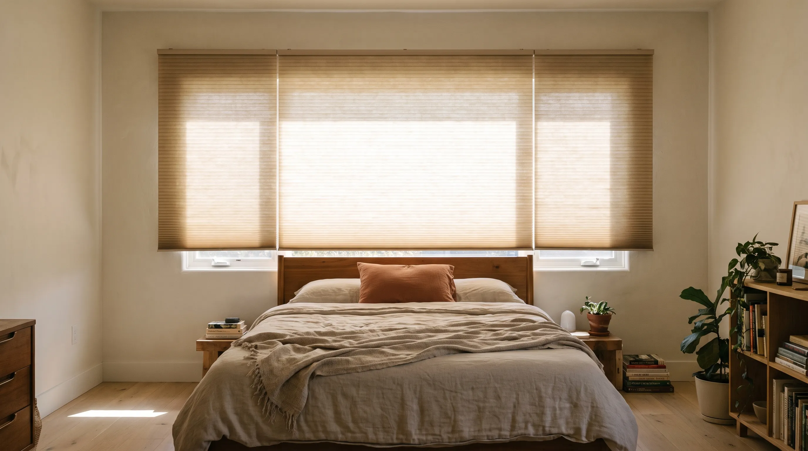 A bed standing directly under a window, with warm-white cellular shades mounted high on the wall above the opening and running wider than the window itself, so they clear the wooden headboard entirely and there is no strip of light down either side