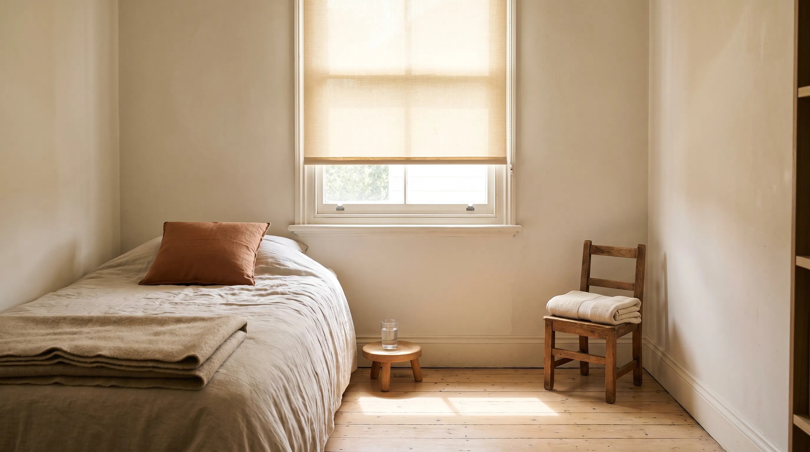 A plain guest bedroom with a single room-darkening roller blind lowered halfway over a modest window, no second layer, a neatly made bed with a folded wool blanket and one terracotta cushion, a wooden chair with folded towels and a glass of water on a low stool