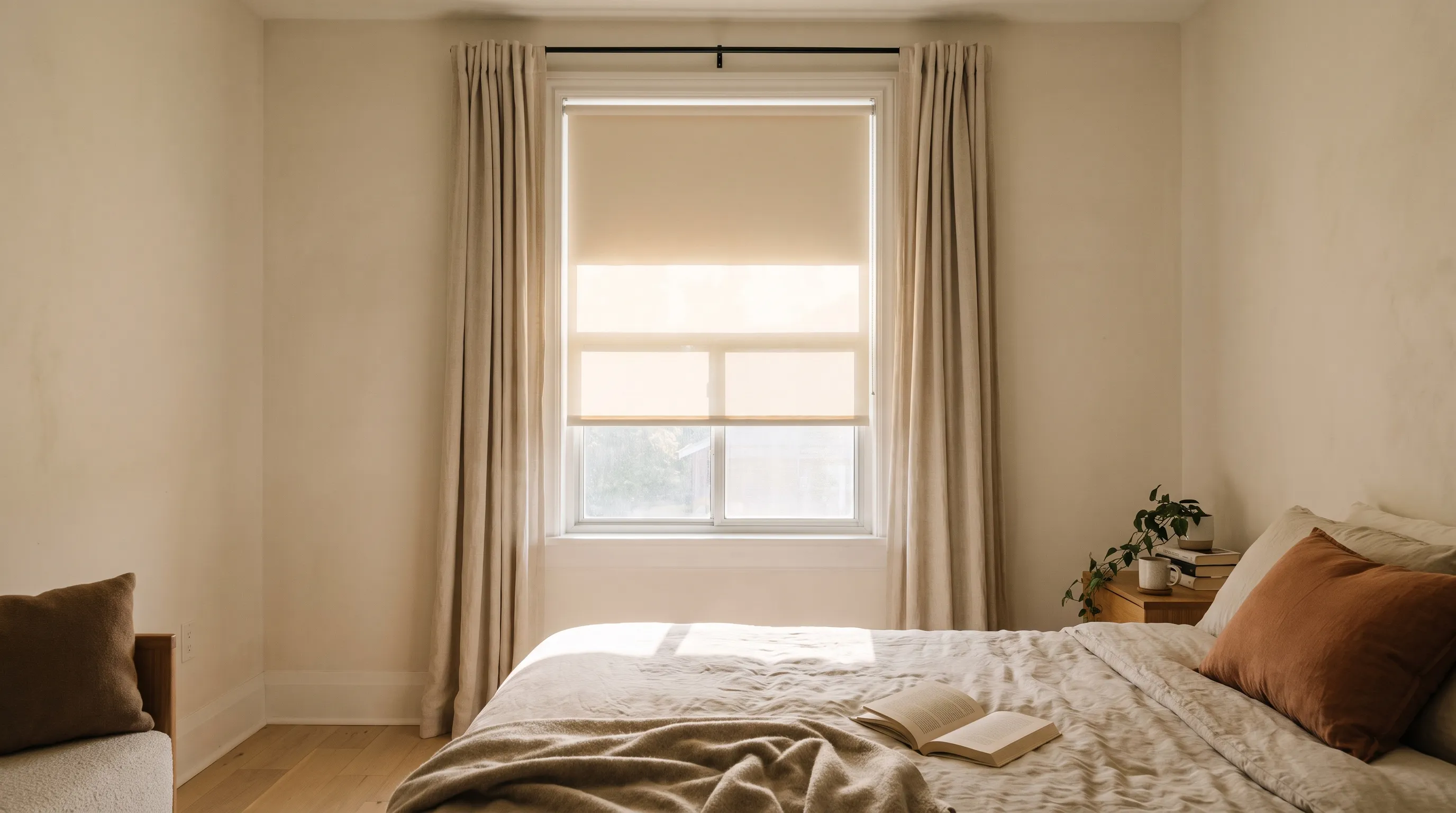 A bedroom window carrying two layers on one opening — a cream roller blind lowered two thirds close to the glass, and floor-length oatmeal linen curtains hanging open at each side from a slim black pole above it — with early sun coming through the blind onto a linen bed, an open book and a terracotta cushion