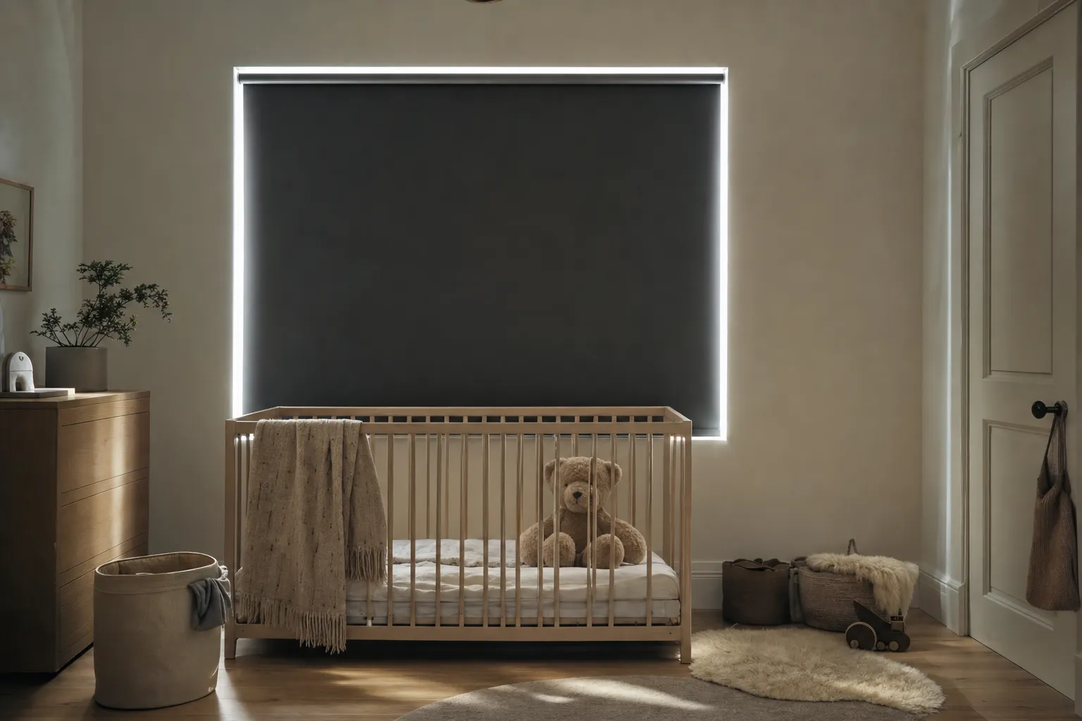A blackout roller fully lowered in a nursery on a bright afternoon, the room dim and calm with a hard line of daylight escaping around all four edges of the blind, a cot below it