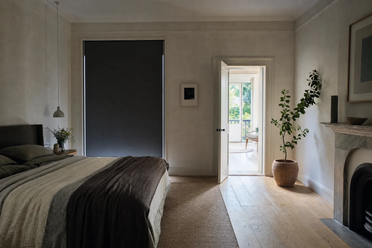 A blackout roller fully lowered in a bright bedroom, the window dark against pale walls while daylight pours in through an open doorway beside it