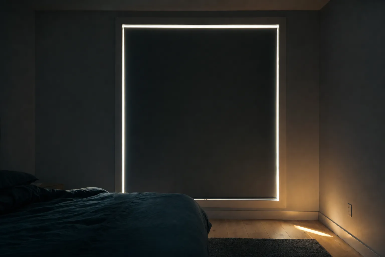 A blackout roller fully lowered in a dark bedroom, with a bright outline of daylight escaping around all four edges
