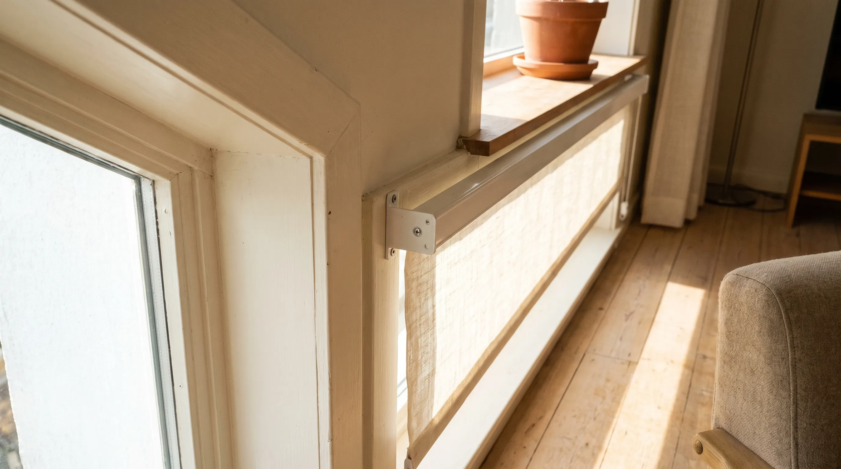 A close view of a roller blind bracket screwed square into a painted window reveal with the end of the aluminium headrail clipped into it, the blind's fabric hanging beside it in the daylight
