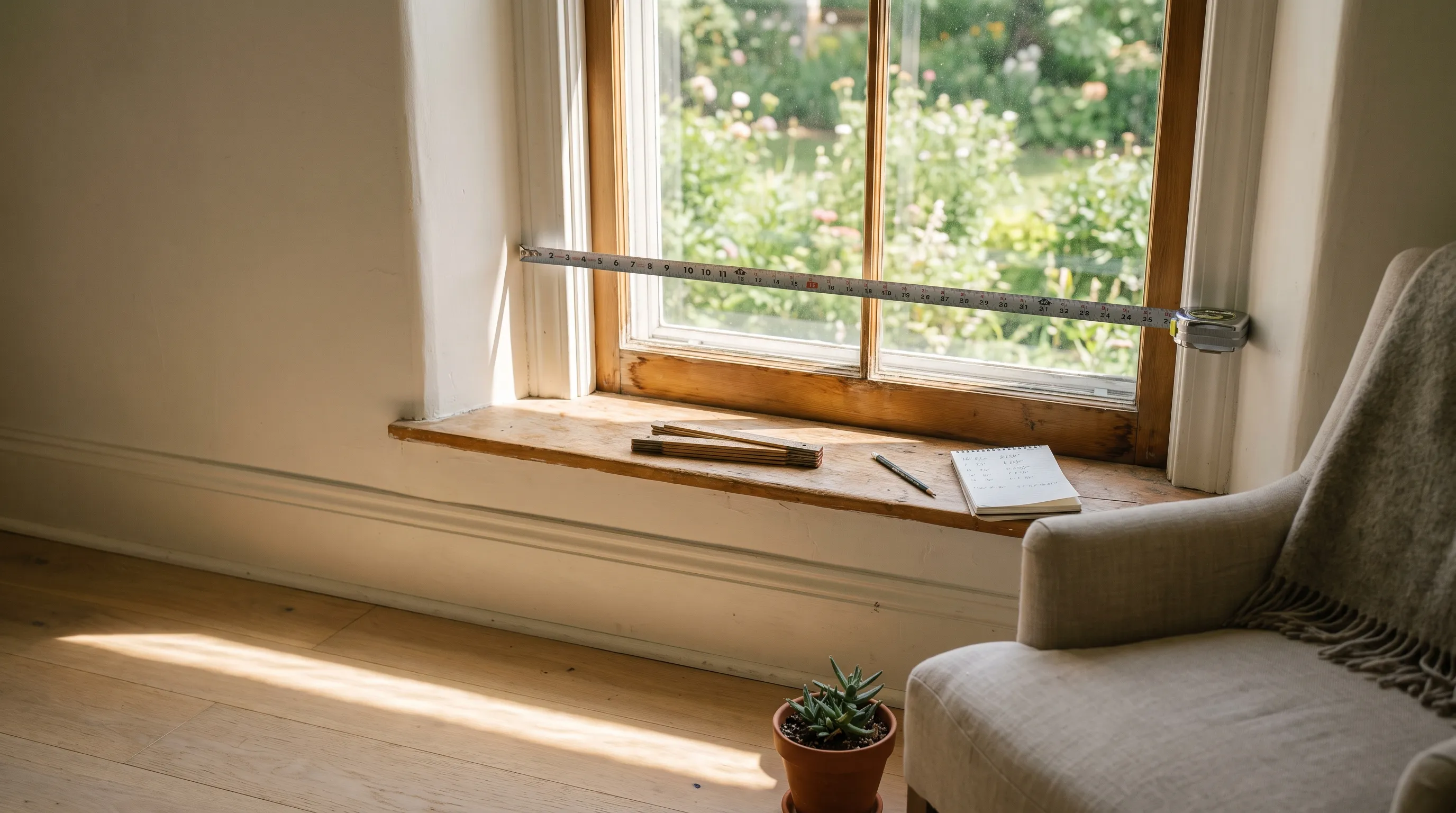 A steel tape stretched across the inside of a bright window opening, with a folding rule, a pencil and a notebook of handwritten measurements resting on the pine sill and a garden in flower beyond the glass