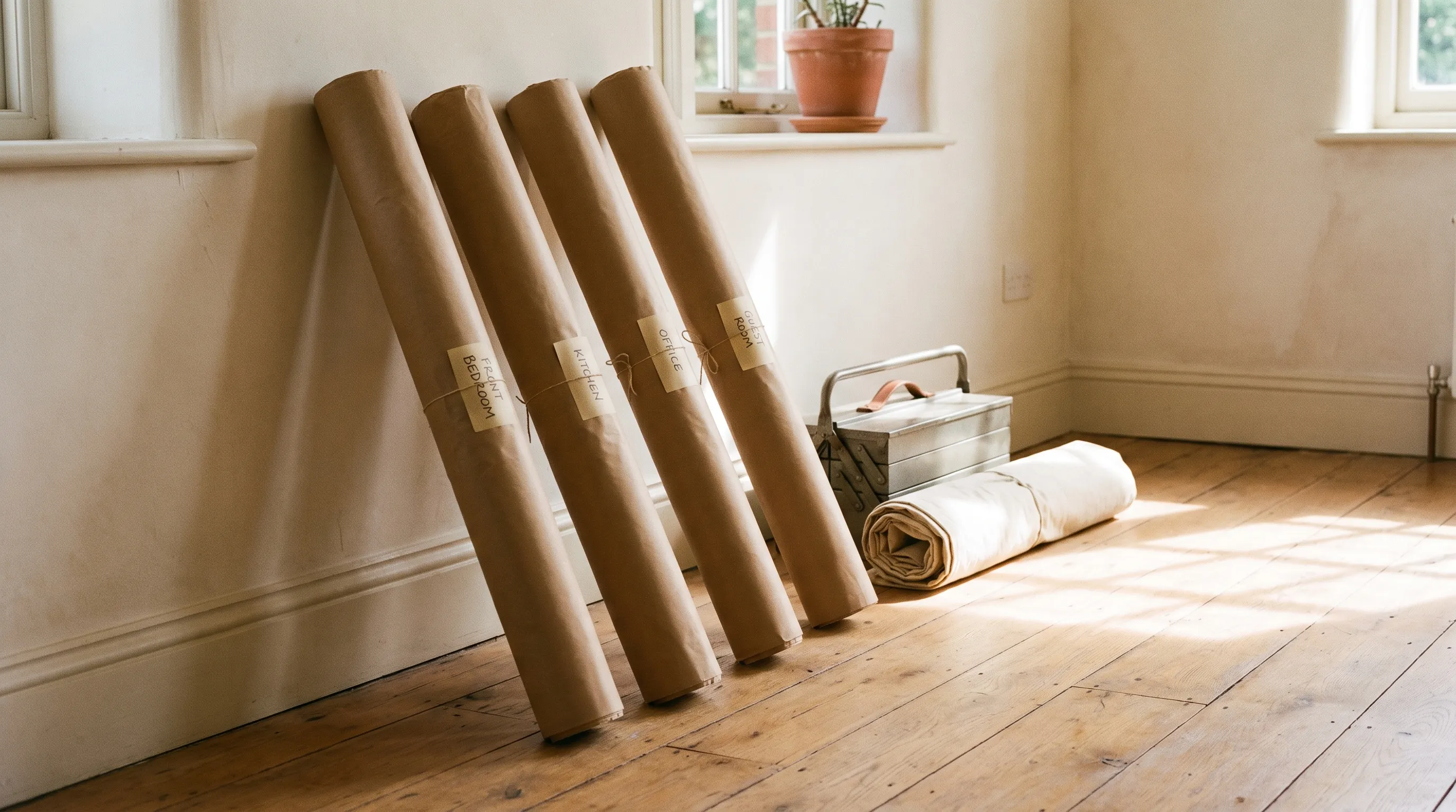 Four finished blinds wrapped in kraft paper and tied with twine, leaning in a row against the wall of an empty room, each labelled by hand — front bedroom, kitchen, office, guest room — beside a metal toolbox and a rolled dust sheet