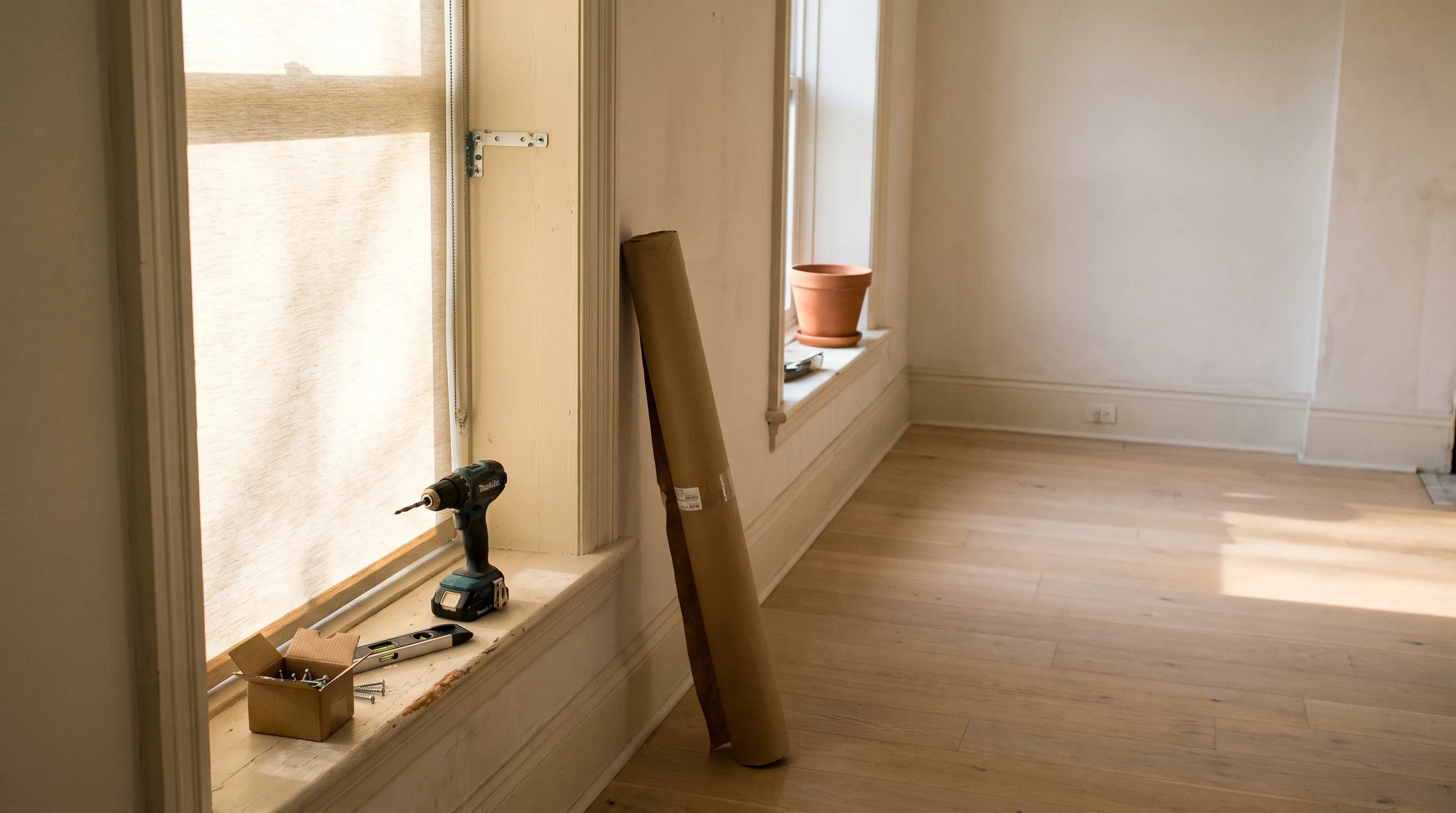 A blind half fitted in an empty room — a cream roller hanging in a tall window reveal with one bracket already screwed to the timber, a cordless drill, a spirit level and an open box of screws on the wide sill, and a kraft-paper-wrapped blind leaning against the wall beyond
