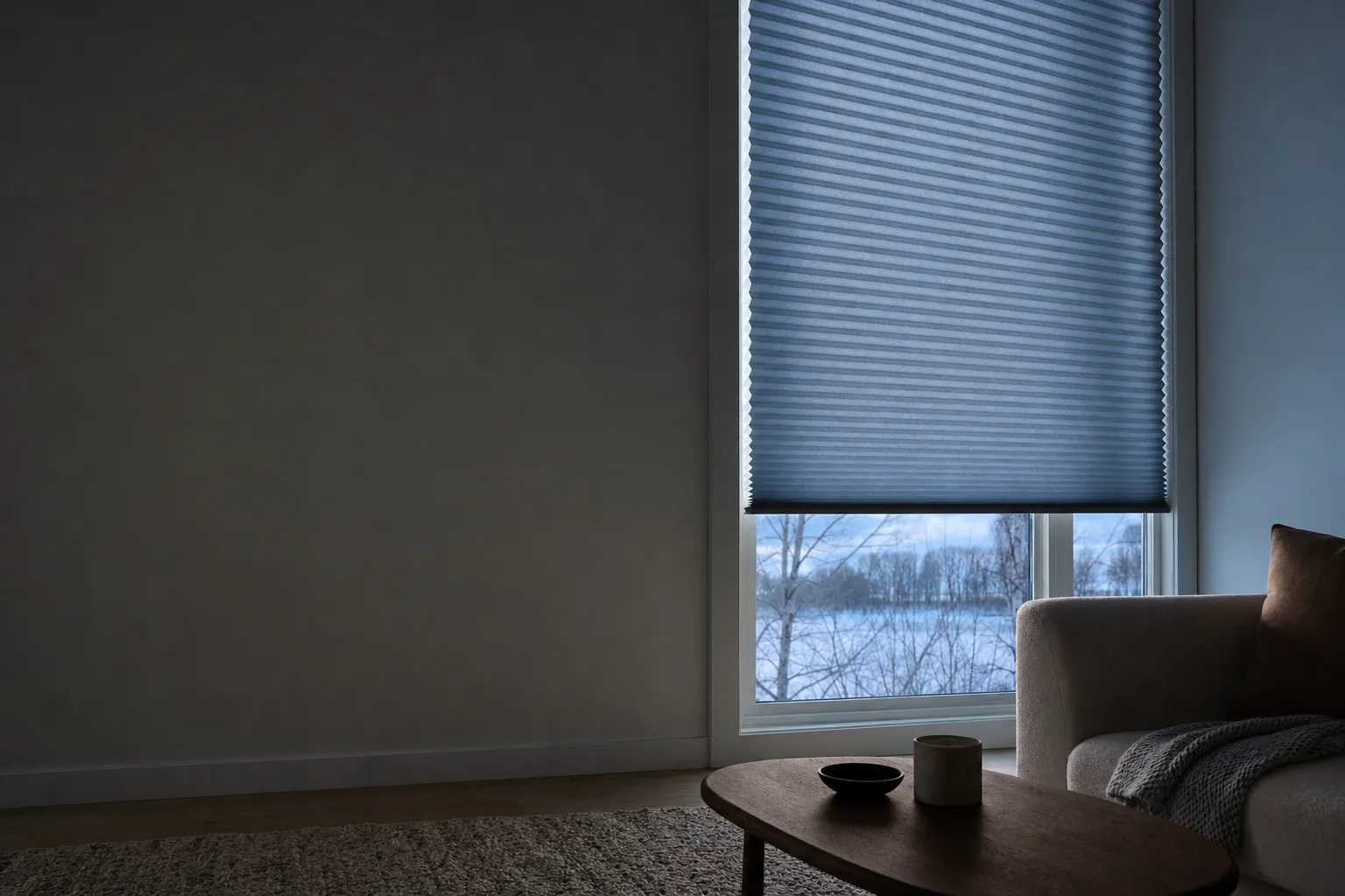 A pale honeycomb cellular shade lowered over most of a tall window in a dim winter room, its horizontal cells clearly ridged against the light, with bare trees and snow showing through the clear glass below it