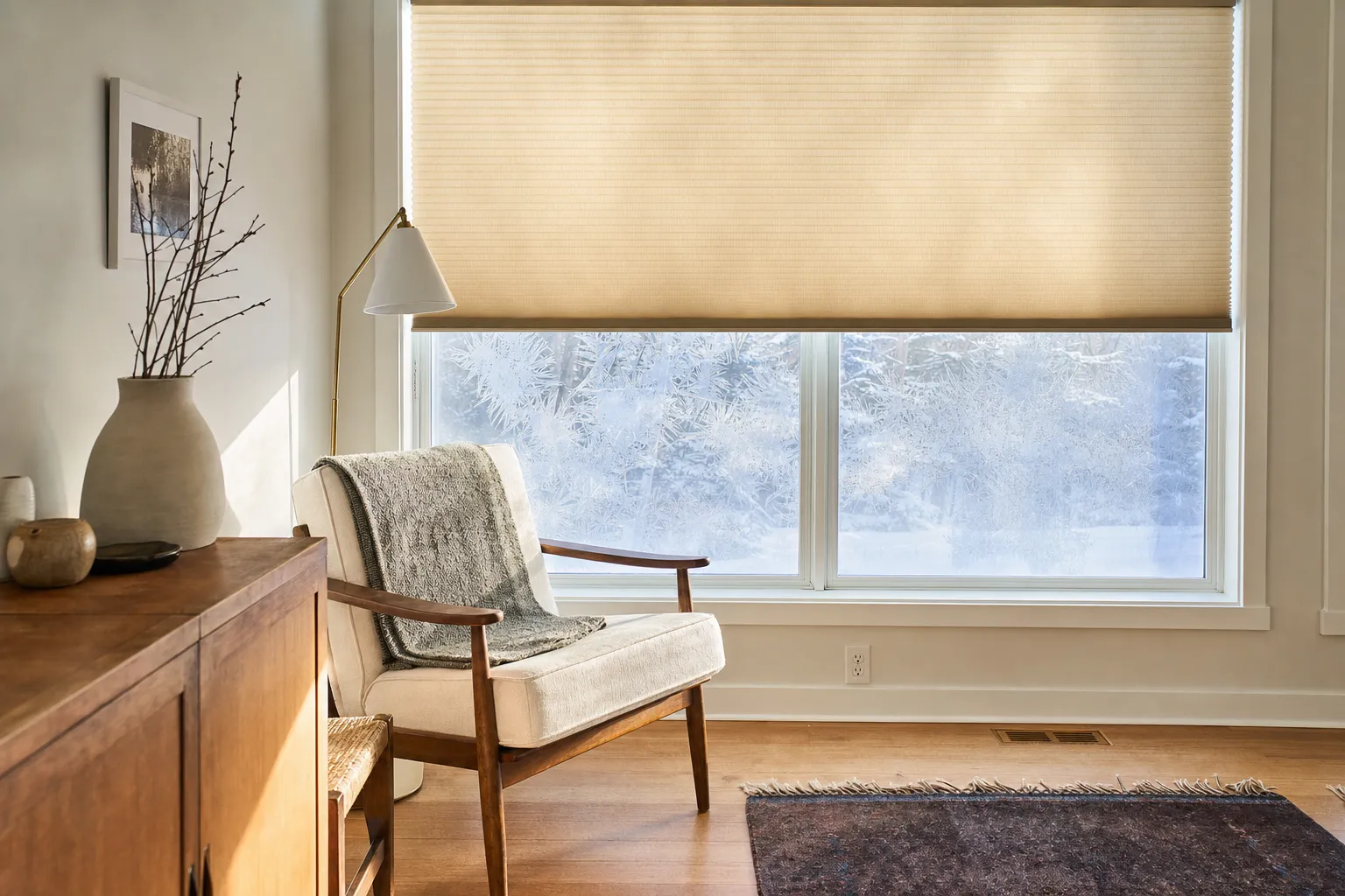 A bright winter room with a honeycomb cellular shade lowered two thirds down a wide window, its pleated cells lit from behind, frost patterns on the glass below and a reading chair and floor lamp beneath