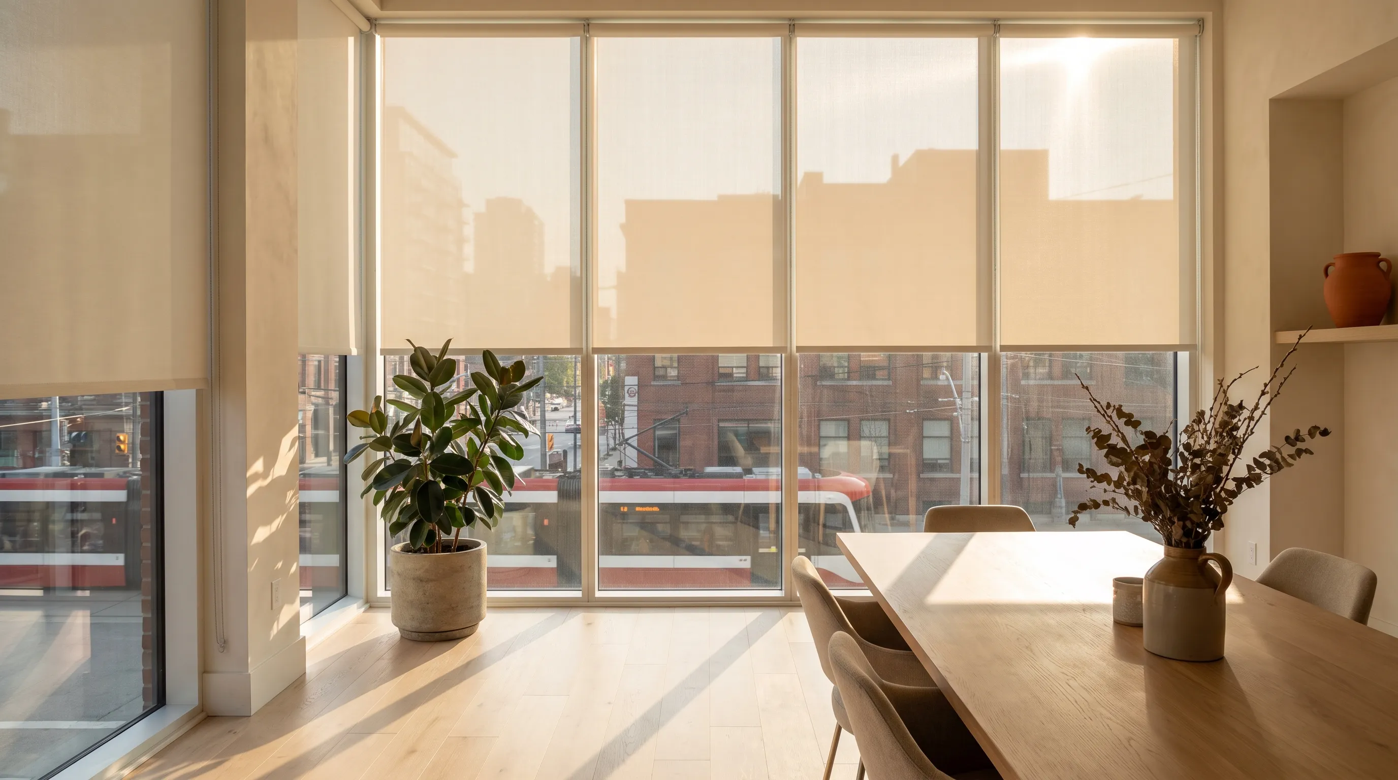 A glazed wall in a small Toronto office hung with cream screen roller blinds all stopped at exactly the same height, the brick buildings and a red streetcar outside still readable through the weave, a long pale oak meeting table and a large plant inside