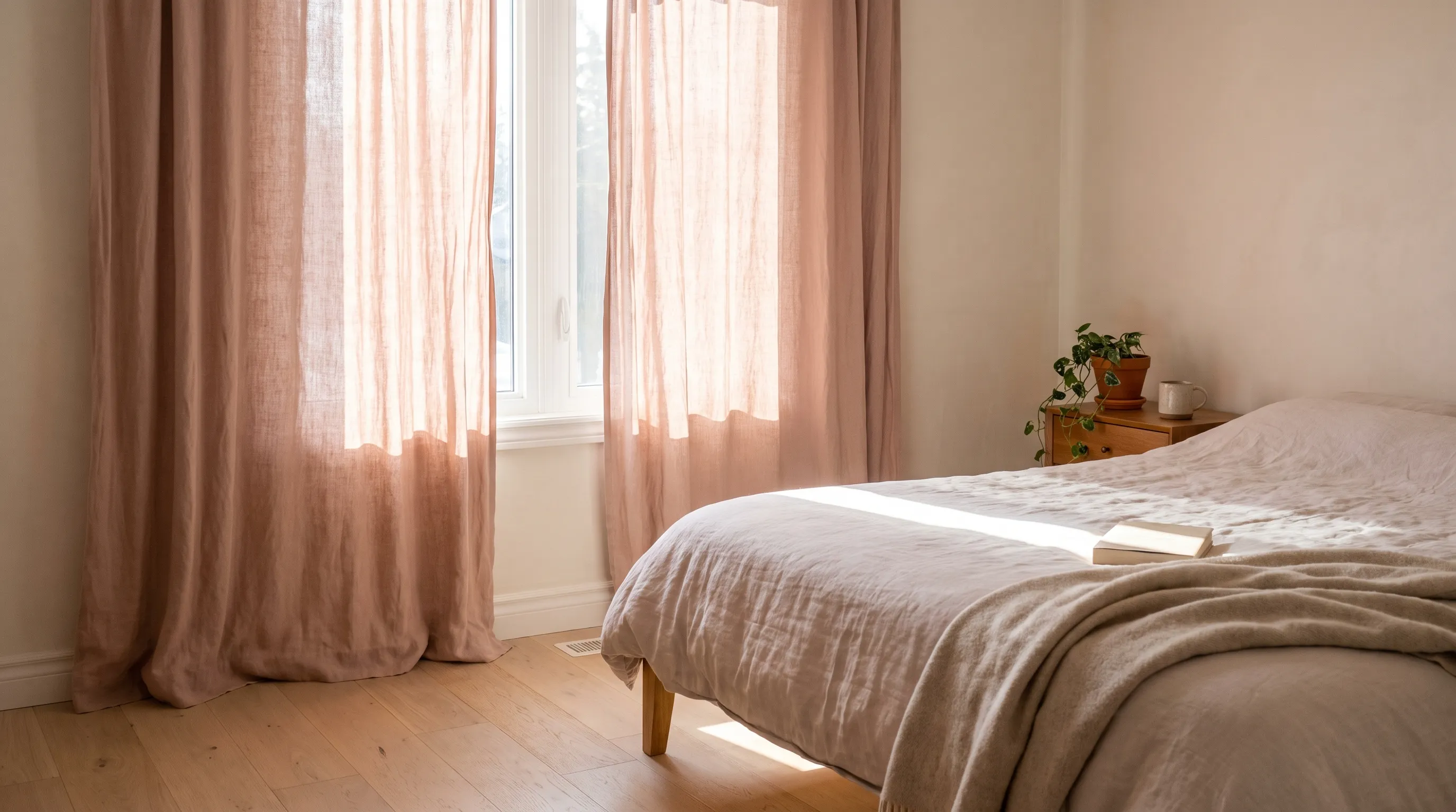 Clay-pink unlined linen curtains drawn almost closed across a bright bedroom window, morning light coming through the cloth and a bright gap between the panels laying a band across a linen bed with a rumpled throw and an open book