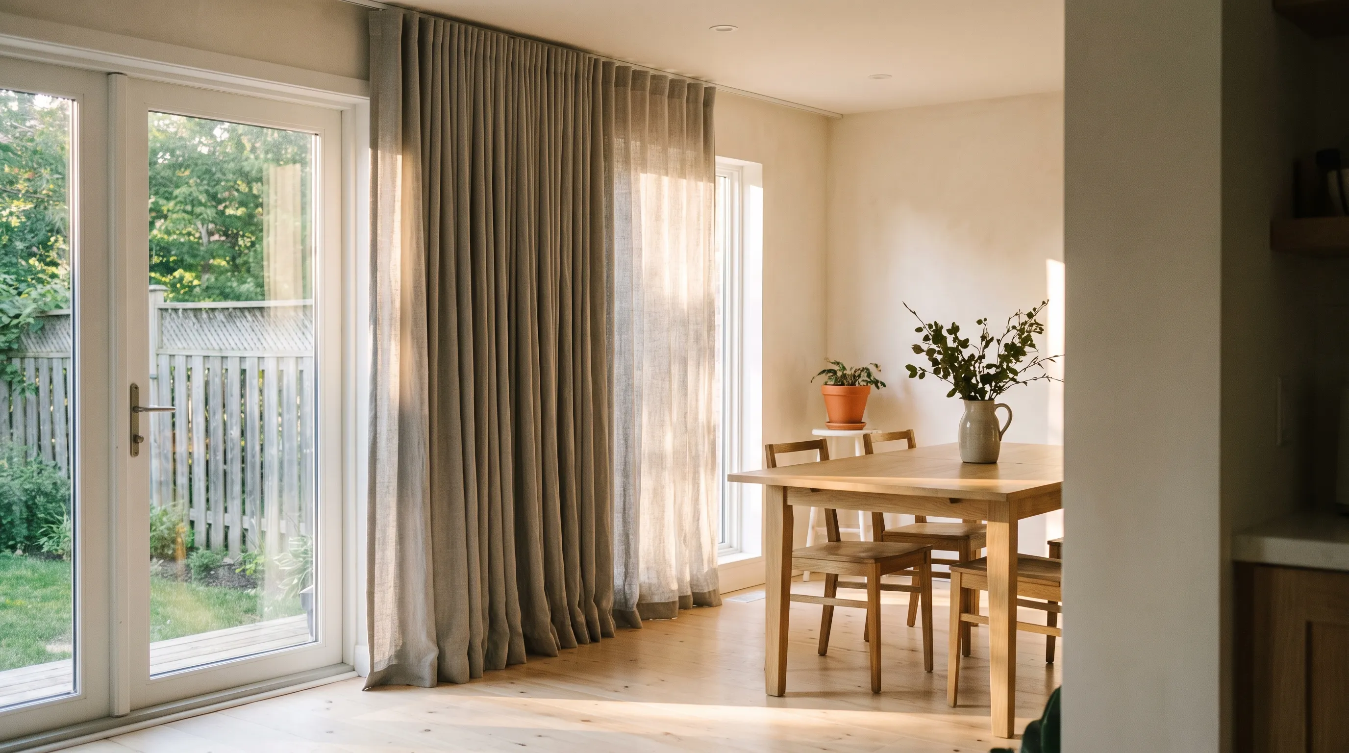 Full-height putty linen curtains on a ceiling-recessed track, stacked in even wave folds to one side of a garden door with the fence and lawn beyond, beside a pale oak dining table with a stoneware jug of branches