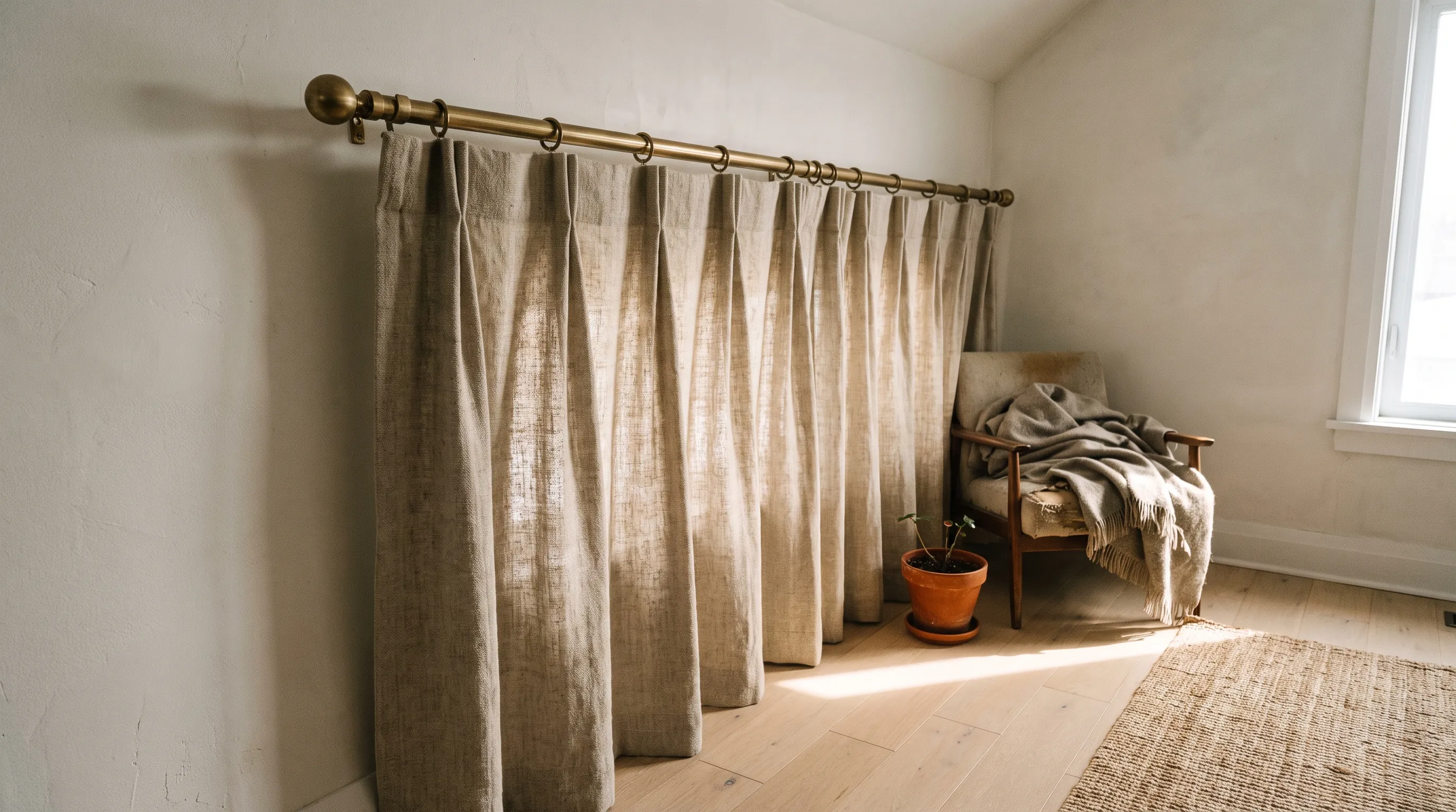 A wide oatmeal linen curtain hung from a brass pole on rings, the pinch-pleat heading gathered into deep folds along the top and daylight coming through the weave, with a low armchair and a wool throw at the end of the run