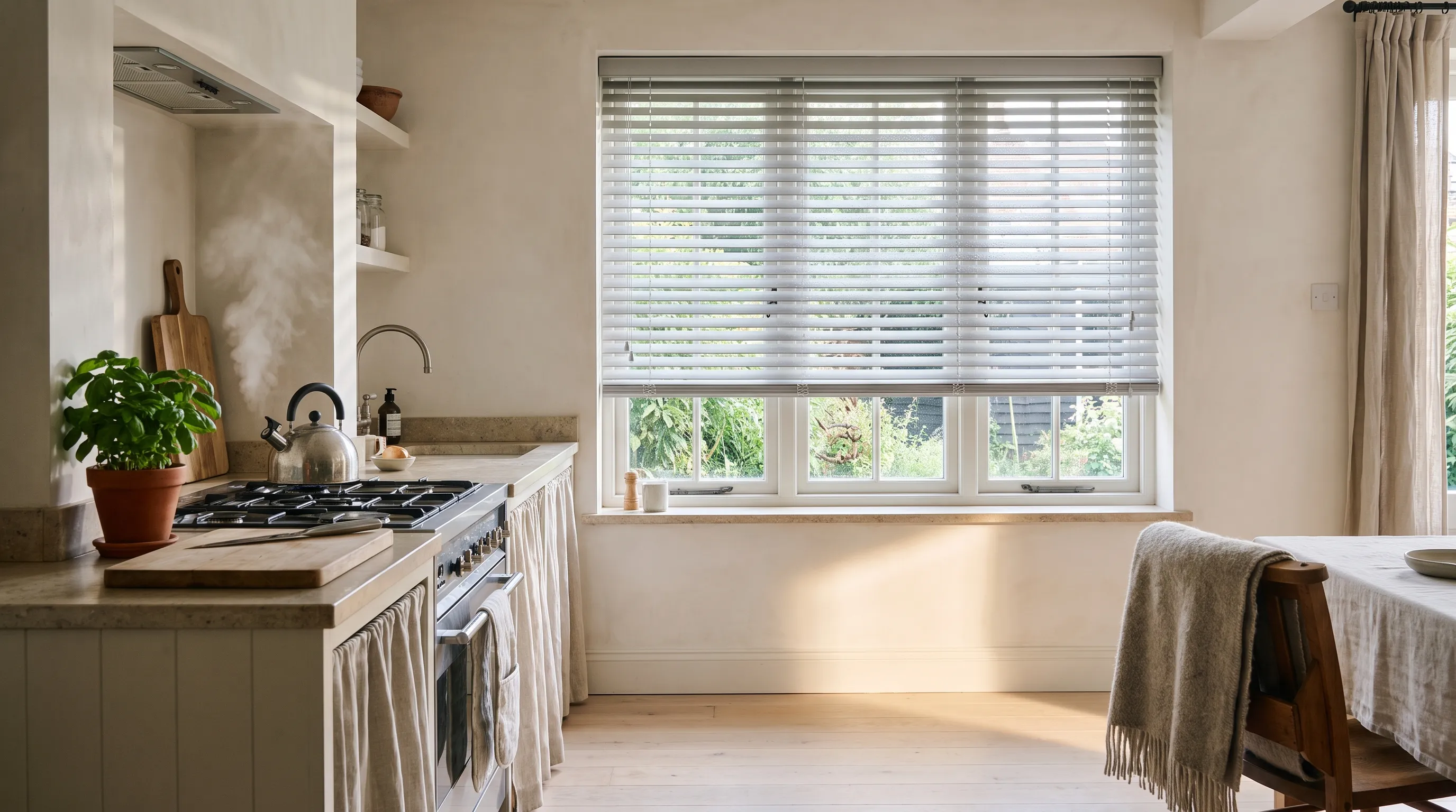 A grey-white faux-wood venetian blind across a wide kitchen window, the slats tilted open so the garden shows in horizontal bands, steam rising from a kettle on the range below and basil in a terracotta pot