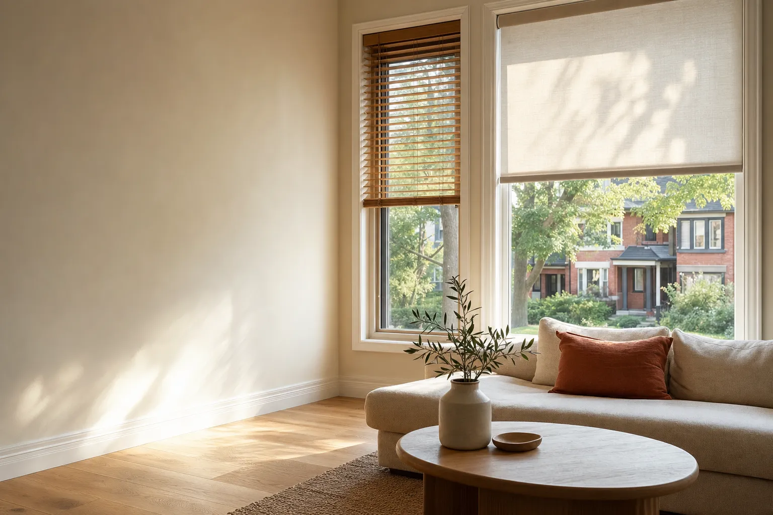Bright living room corner with a tall window on the right, a cream roller blind lowered a third of the way and a wooden venetian blind on the second window beside it, sunlight raking across a linen sofa and an oak floor