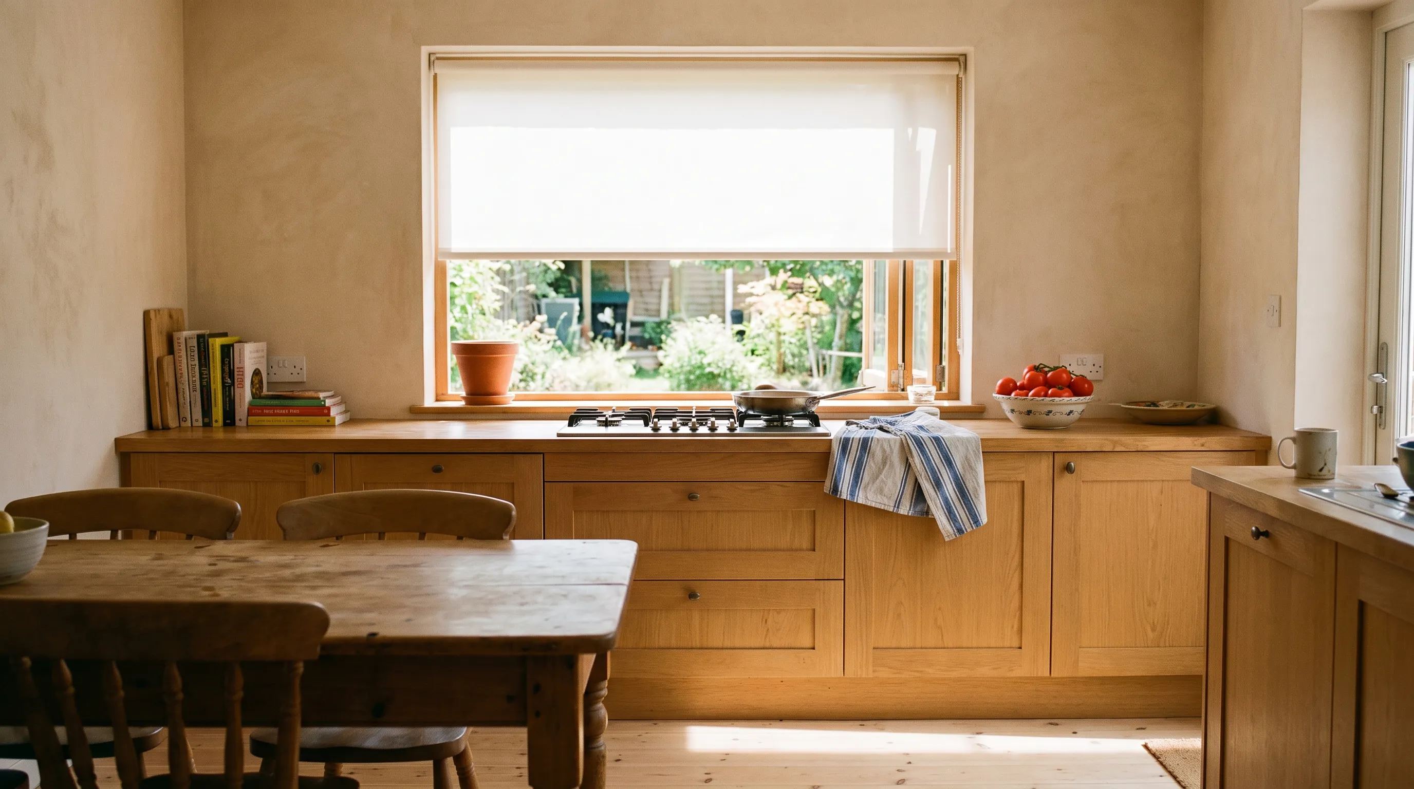 A plain white roller blind lowered over a wide kitchen window above a hob, the back garden and fence showing through the clear glass beneath it, a pan on the burner and a bowl of tomatoes along the oak worktop