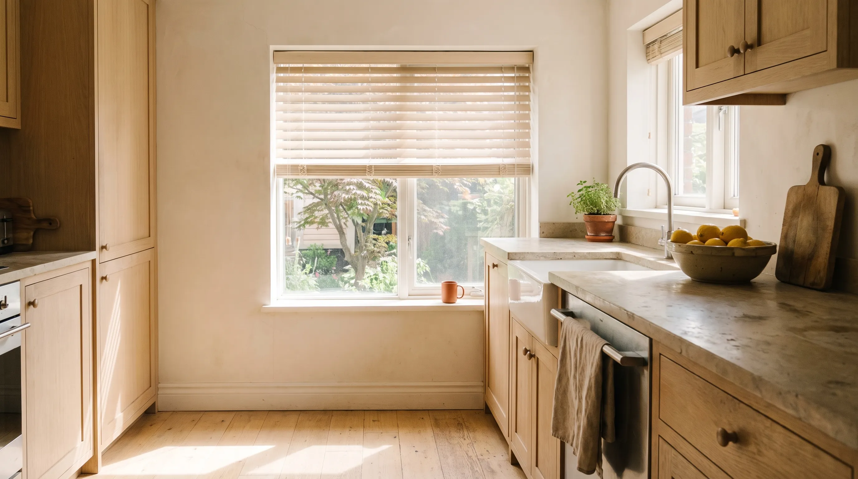 A bright kitchen, a pale faux-wood venetian blind raised halfway across the middle window with its slats tilted so a maple shows in bands beneath it, a second blind on the window over the sink, and sun striping a stone worktop with lemons, a wooden board and a terracotta mug
