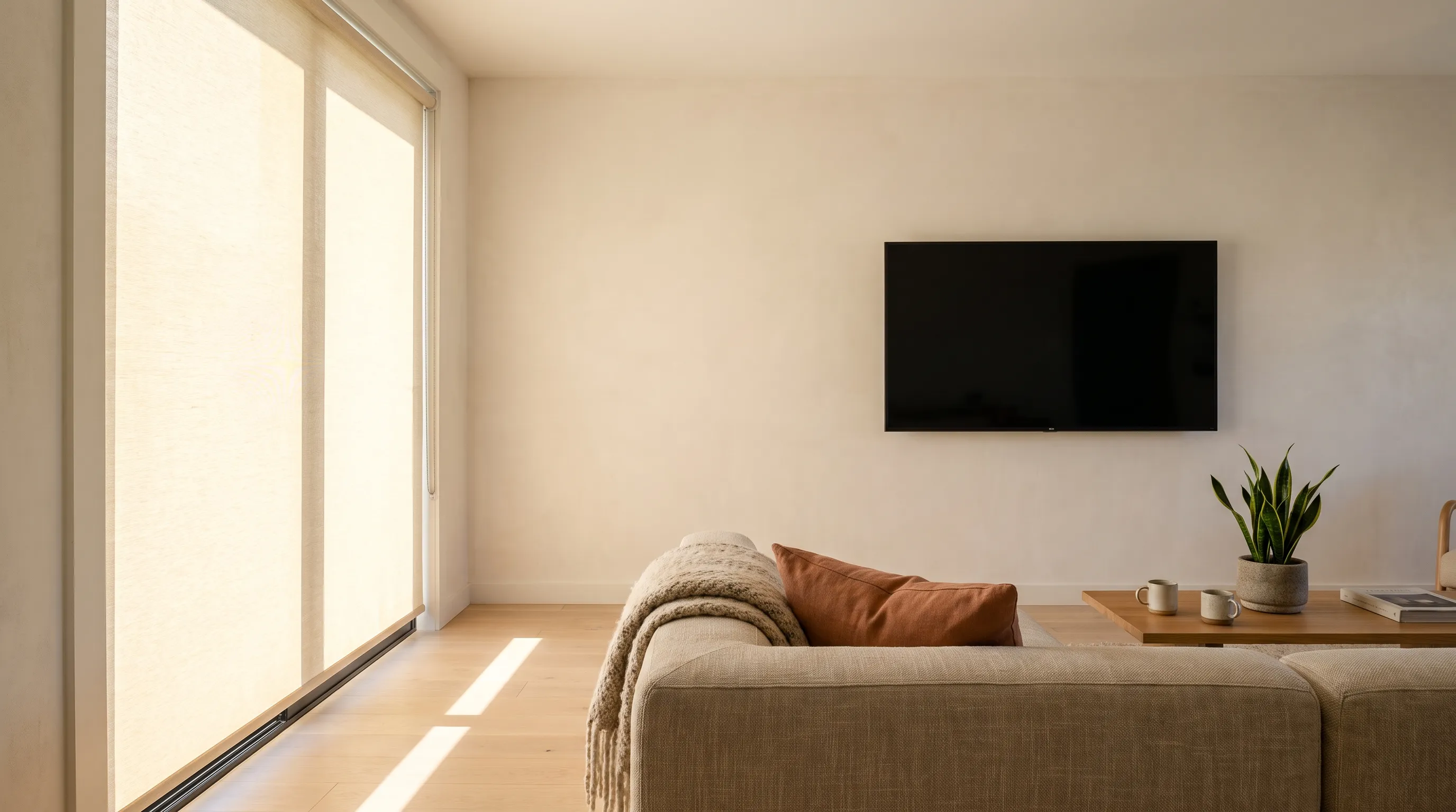A living room photographed from behind the sofa toward a wall-mounted television, the screen clean and dark with no window reflected in it while a cream screen roller blind stands at full drop across the glazing to one side