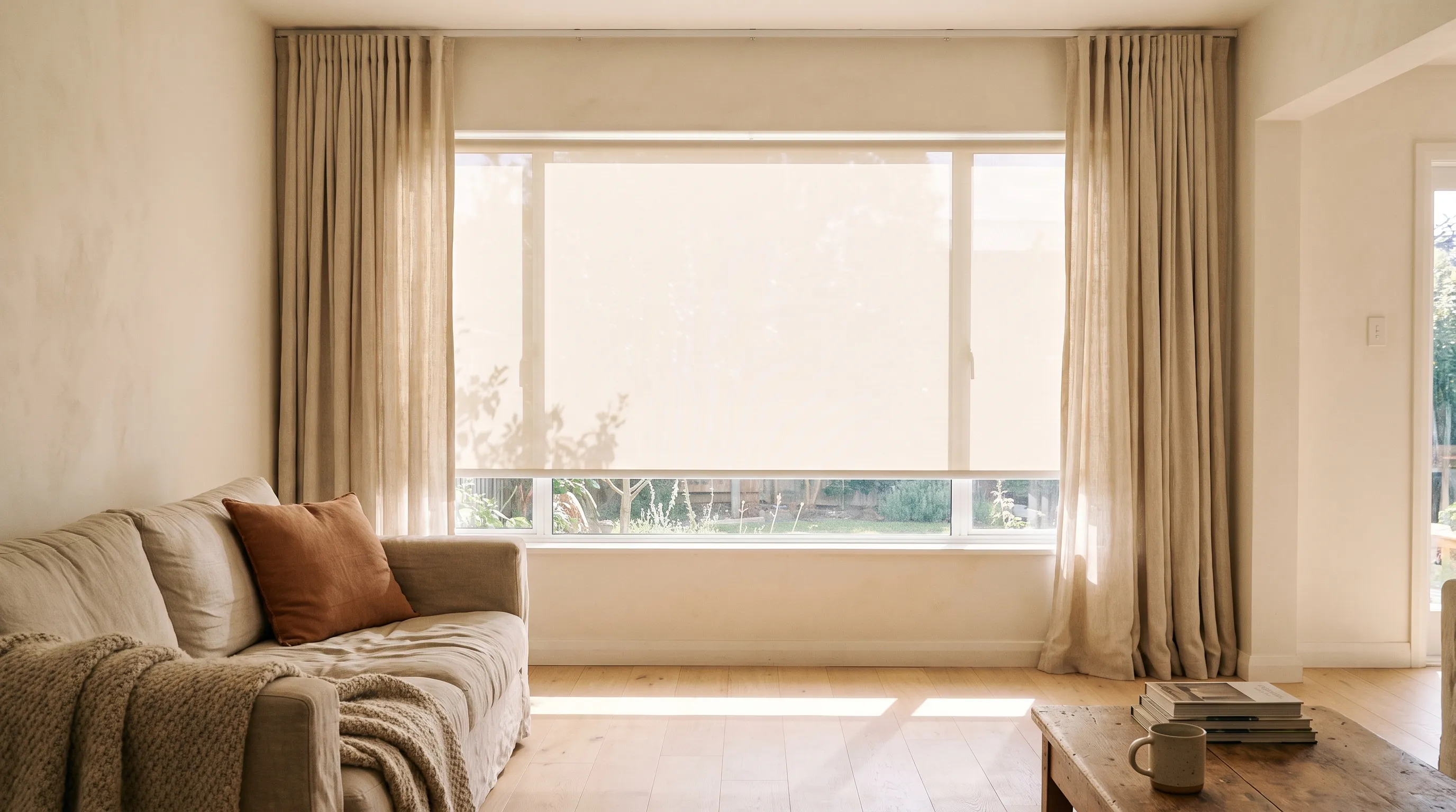 A wide living-room window in two layers — a cream screen roller blind at full drop with the garden showing through the weave and clear glass beneath, and full-length oatmeal linen curtains hanging open in soft folds at each side from a track set high above the blind's headrail