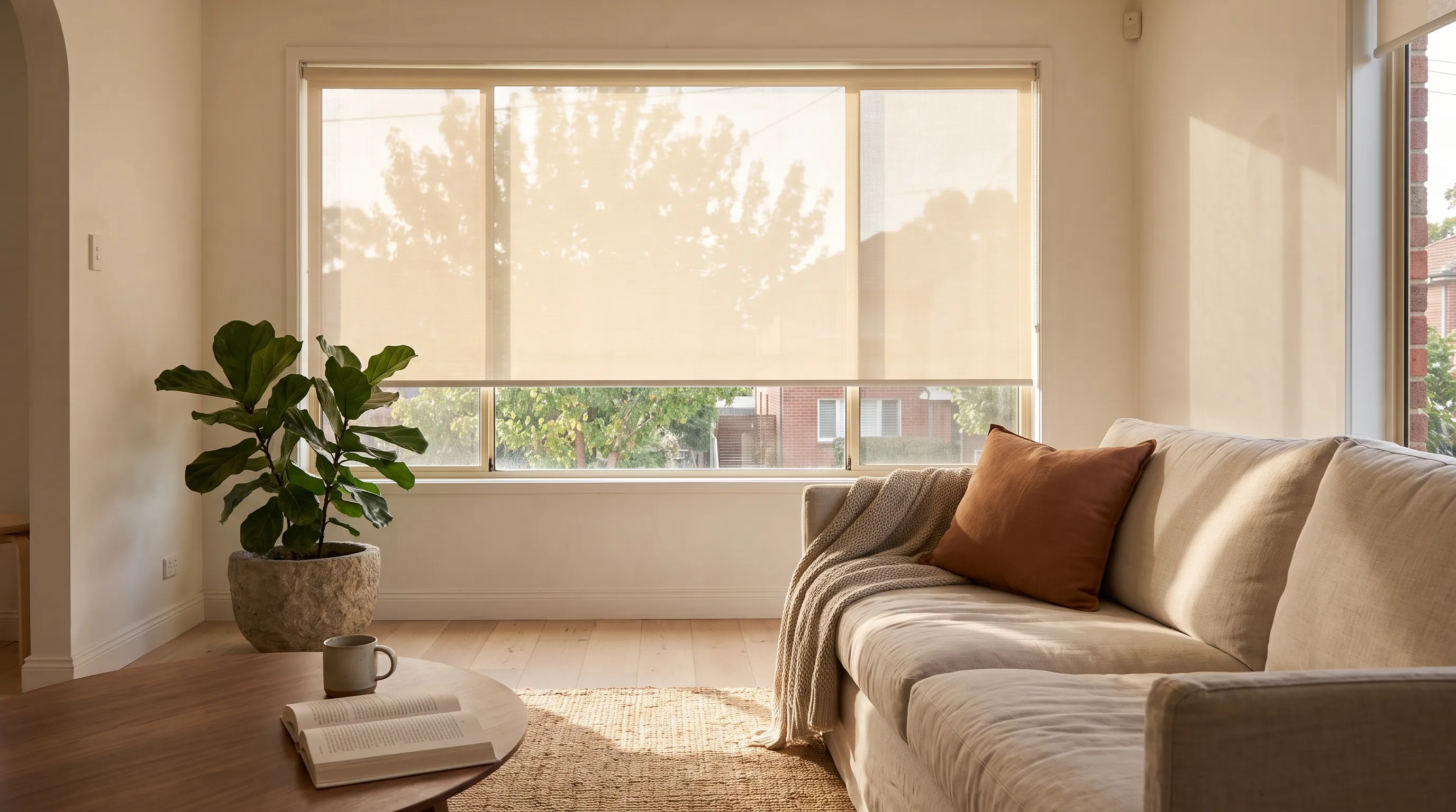 A wide living-room window with a cream screen roller blind at full drop, the trees and brick houses of the street still clearly readable through the open weave and clear glass below it, a linen sofa with a knit throw and a terracotta cushion in front and a fiddle-leaf fig beside the window