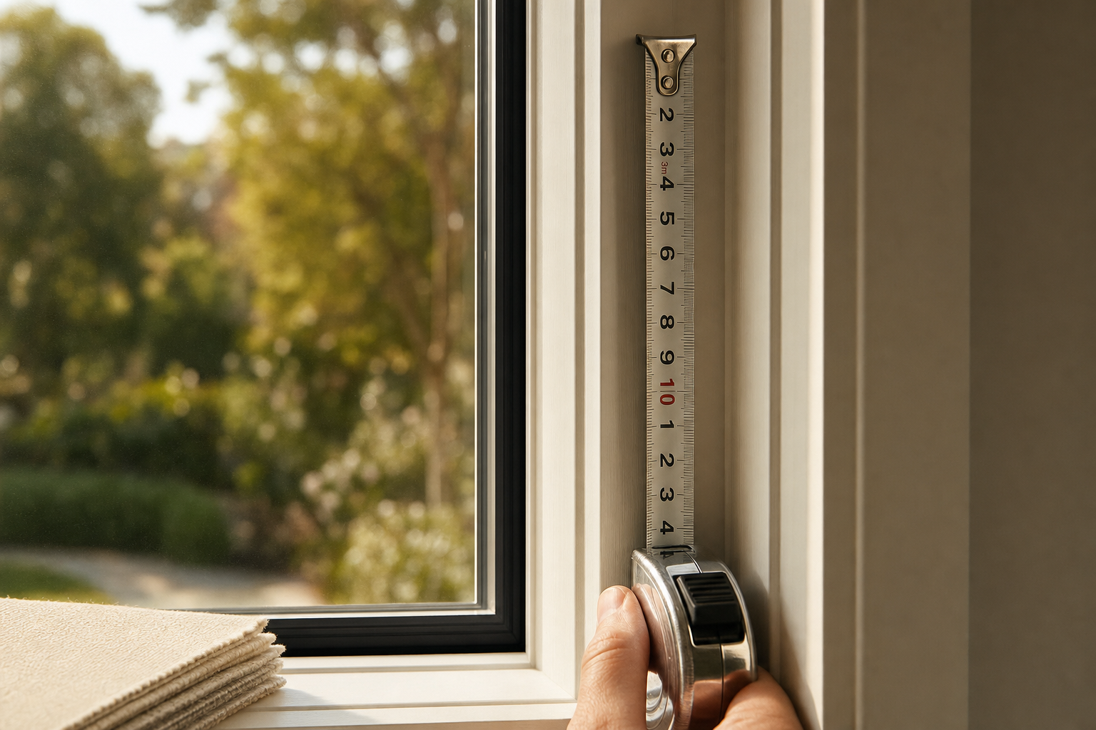A steel tape measure held vertically against a window frame in soft afternoon light, a small stack of fabric swatches on the sill