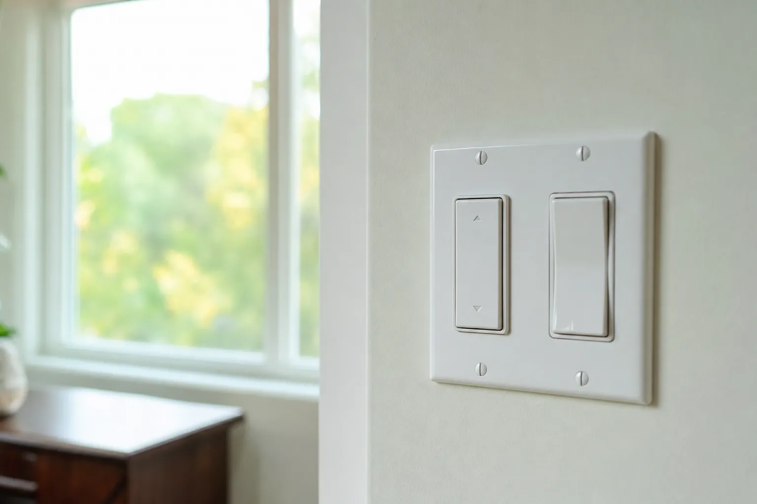 A double faceplate on a painted wall beside a window, the left rocker marked with small up and down arrows for the blind and the right one a plain light switch