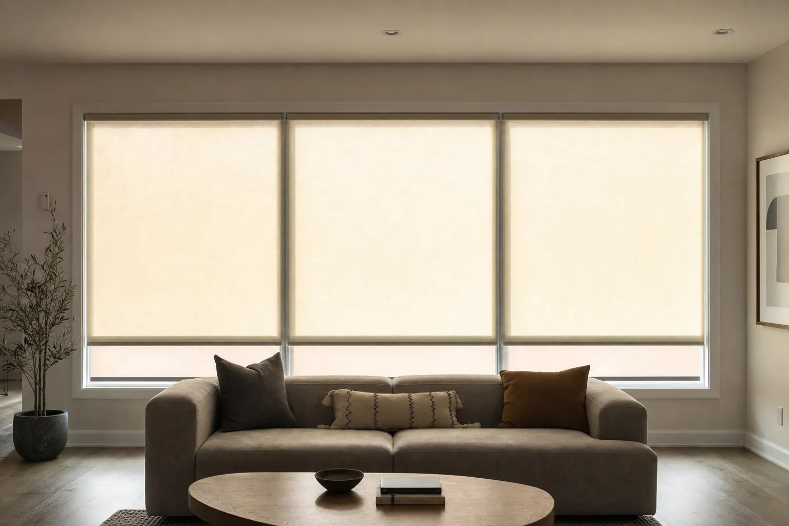 Three roller blinds across one wide living-room window, all stopped at exactly the same height with late sun glowing evenly through the three panels, a low sofa beneath