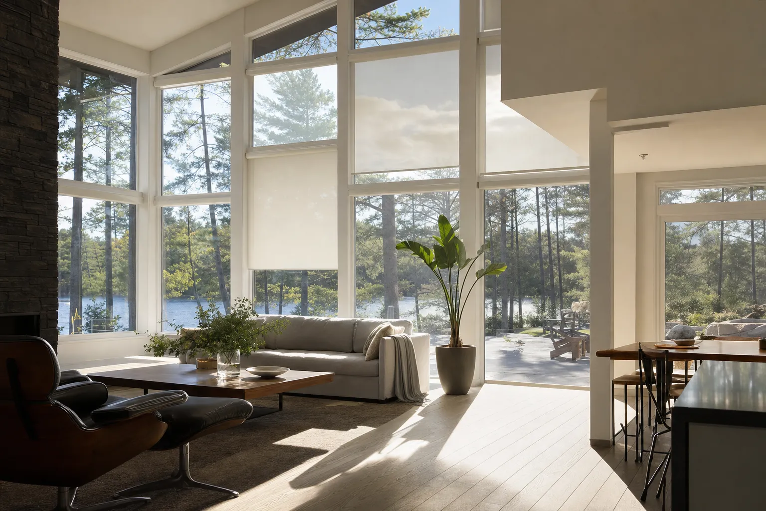 A double-height living room with a wall of tall windows, three roller blinds stopped at three different heights across it, morning sun crossing a pale floor toward a sofa and a fireplace