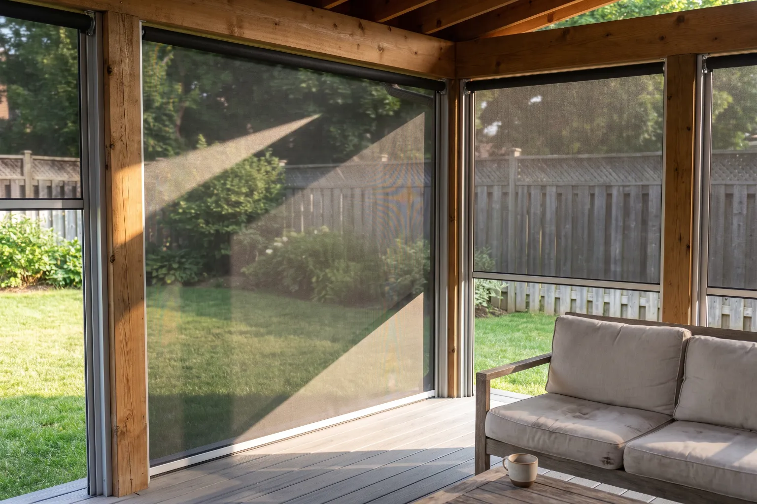 Looking out from under a covered cedar patio through charcoal exterior roller shades held in slim aluminium side tracks, the lawn, garden bed and board fence beyond still clearly readable through the open weave, low late-day sun throwing a hard diagonal of light across the decking, and a weathered outdoor sofa with linen cushions and a mug on the table
