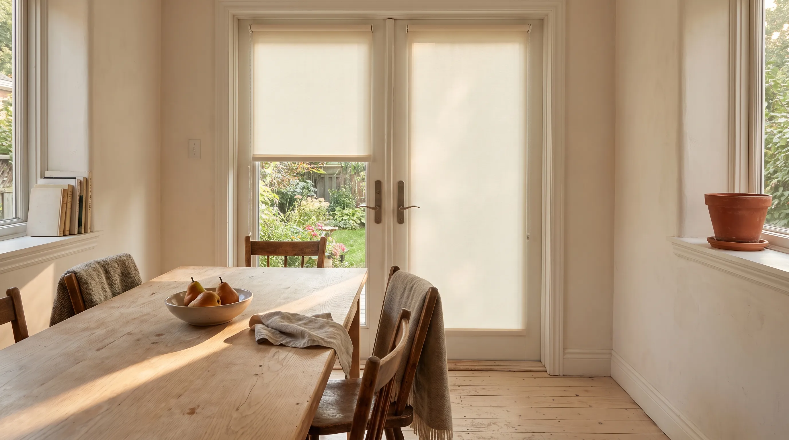 French doors onto a garden, each leaf carrying its own slim cream roller blind fitted clear of the handles, the left one lowered halfway and the right one fully down, beside a pine dining table with a bowl of pears