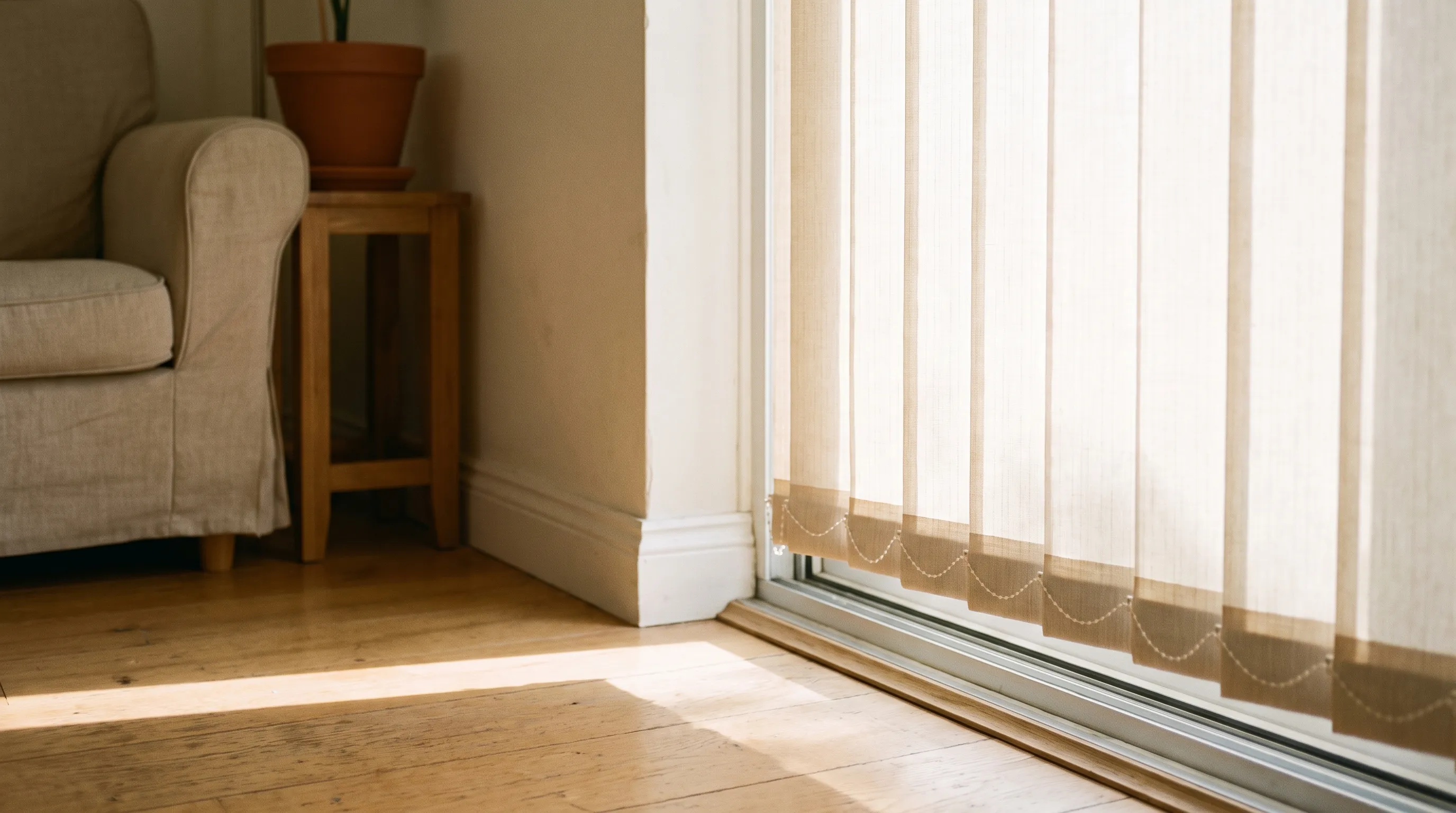 A close view at floor level of the foot of a vertical blind, the weighted hems of the oatmeal vanes and the chain linking them sitting just clear of the sliding door track