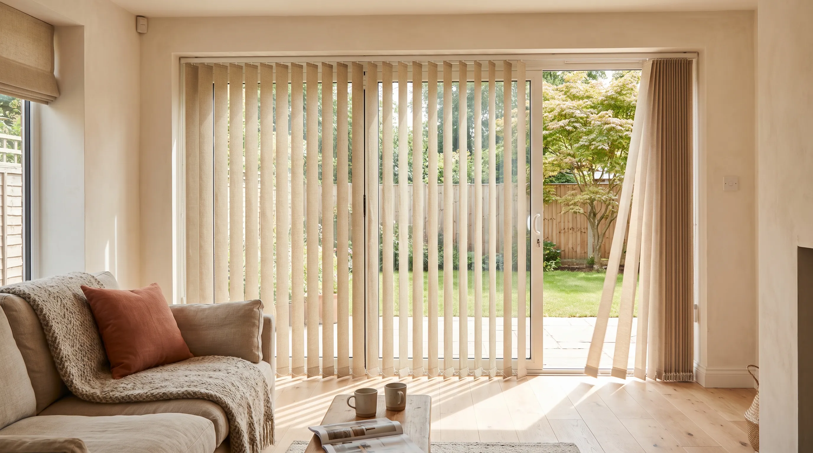 Vertical blinds in oatmeal fabric across a wide sliding patio door, most vanes angled so daylight falls in tall strips across a pale oak floor and the rest stacked clear of the opening, a Japanese maple and a fence in the garden beyond, a linen sofa with a terracotta cushion in front