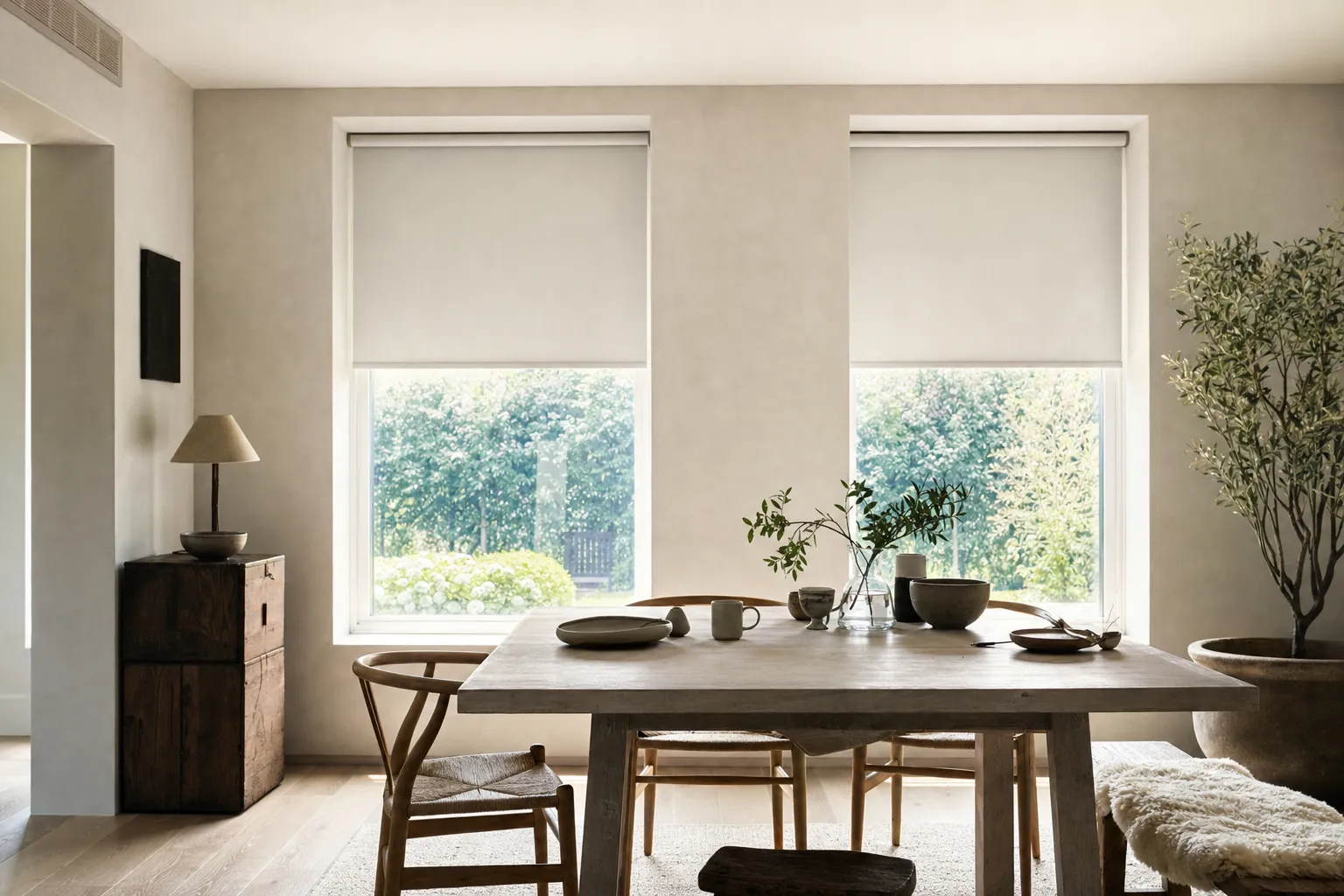 Two roller blinds in a bright dining room, each on its own window and stopped at exactly the same height