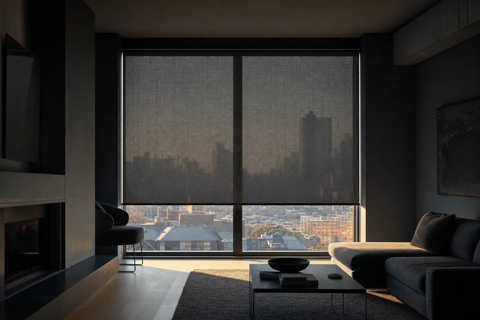 Two roller blinds lowered about two thirds across a wide window, flat planes of screen fabric with the city skyline faintly visible through the weave